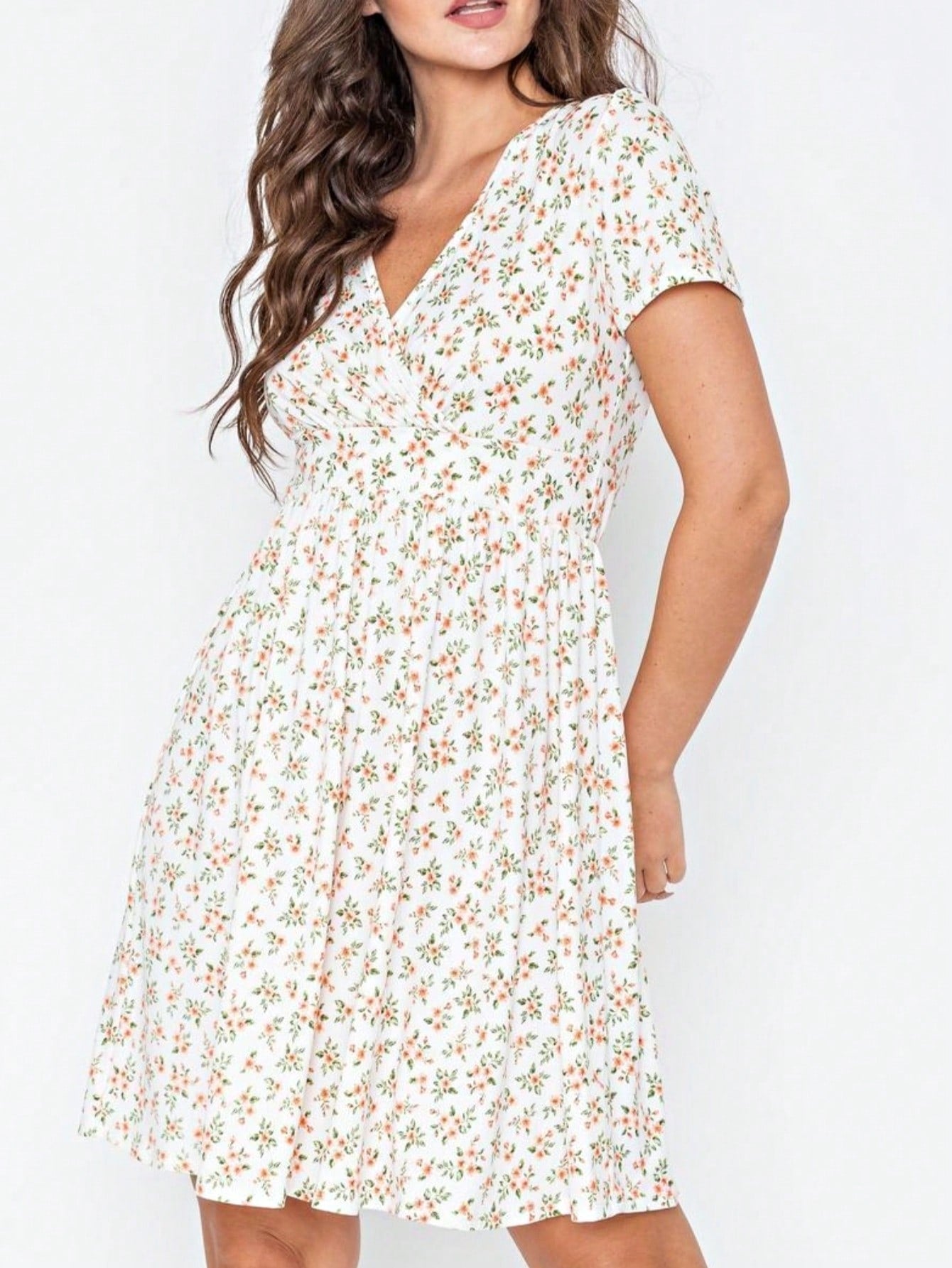 Boho Retro Sage Navy Pink Black Ditsy Floral Surplice Deep V Neck Band Waist Shirring Soft Swing Dress Small To 3 XL Plus