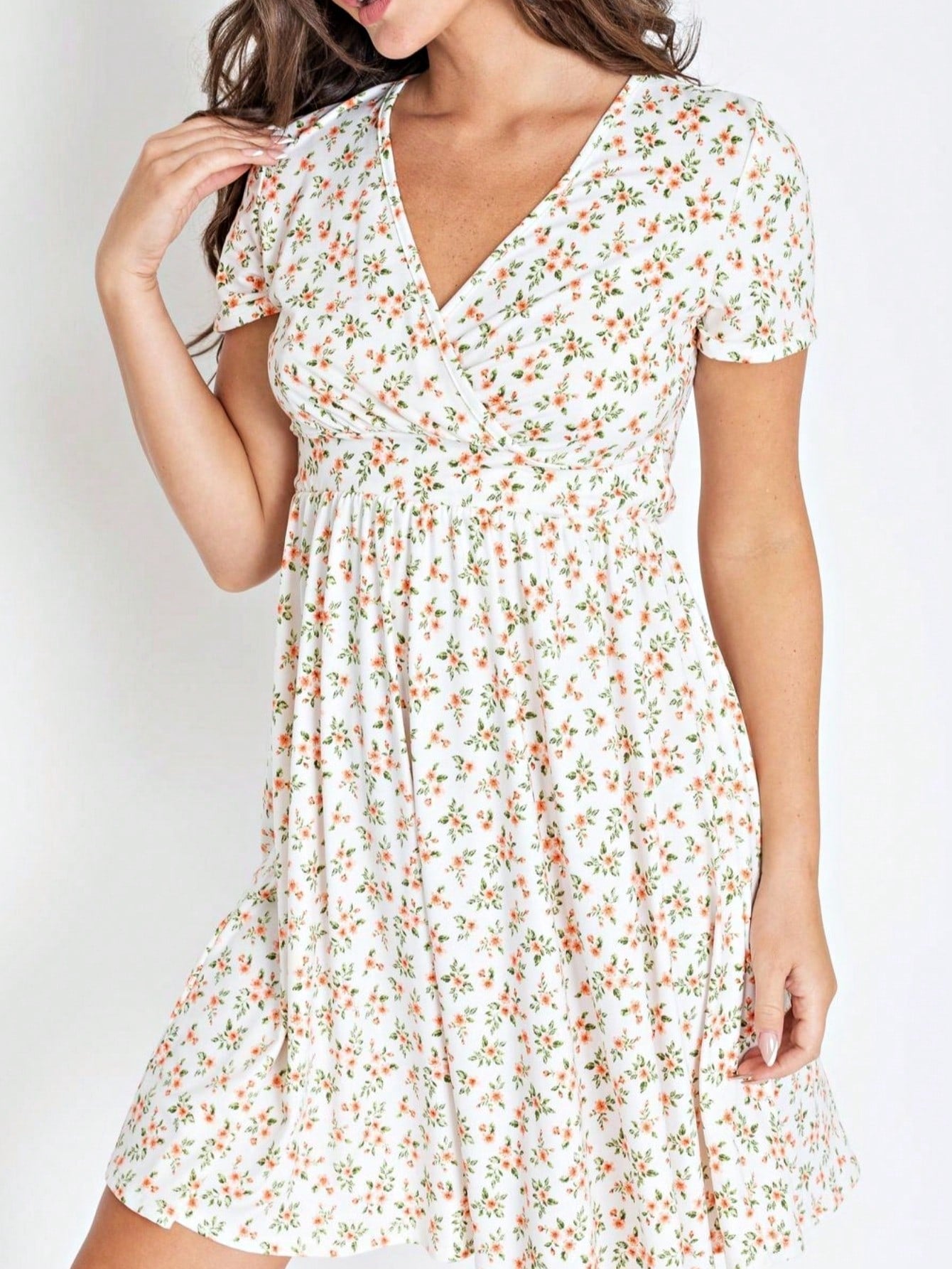 Boho Retro Sage Navy Pink Black Ditsy Floral Surplice Deep V Neck Band Waist Shirring Soft Swing Dress Small To 3 XL Plus
