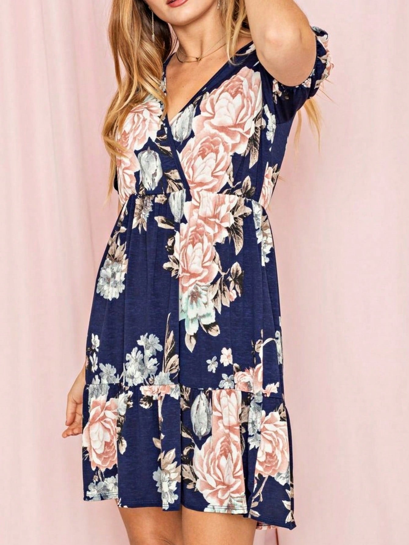Boho Retro Sage Navy Pink Black Ditsy Floral Surplice Deep V Neck Band Waist Shirring Soft Swing Dress Small To 3 XL Plus