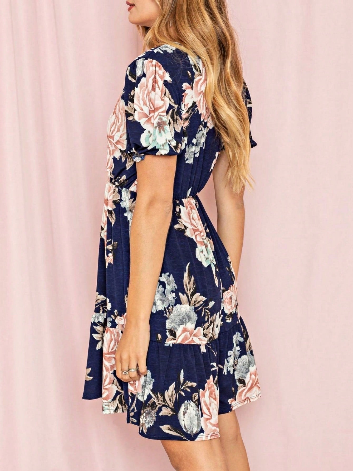 Boho Retro Sage Navy Pink Black Ditsy Floral Surplice Deep V Neck Band Waist Shirring Soft Swing Dress Small To 3 XL Plus