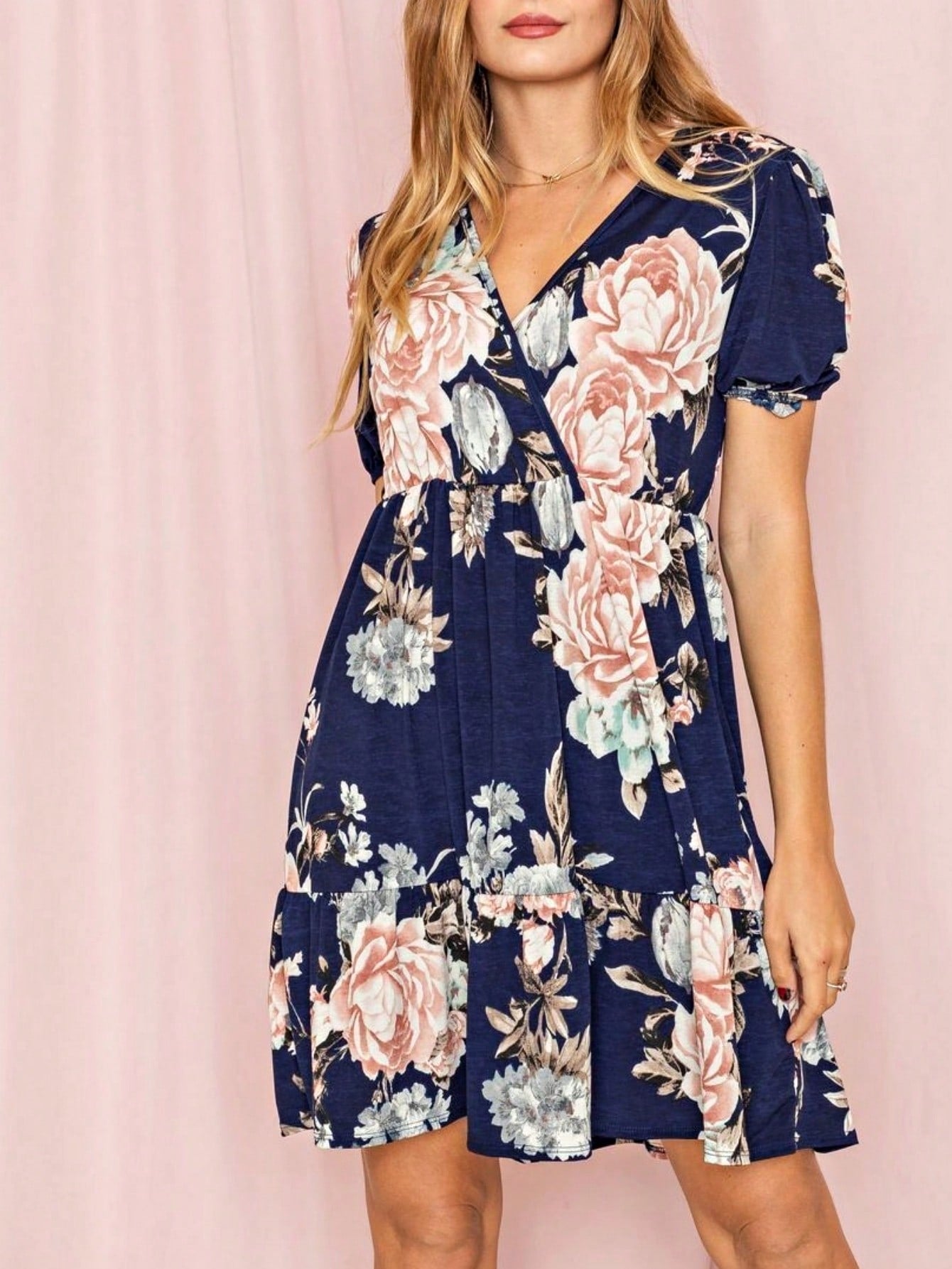 Boho Retro Sage Navy Pink Black Ditsy Floral Surplice Deep V Neck Band Waist Shirring Soft Swing Dress Small To 3 XL Plus