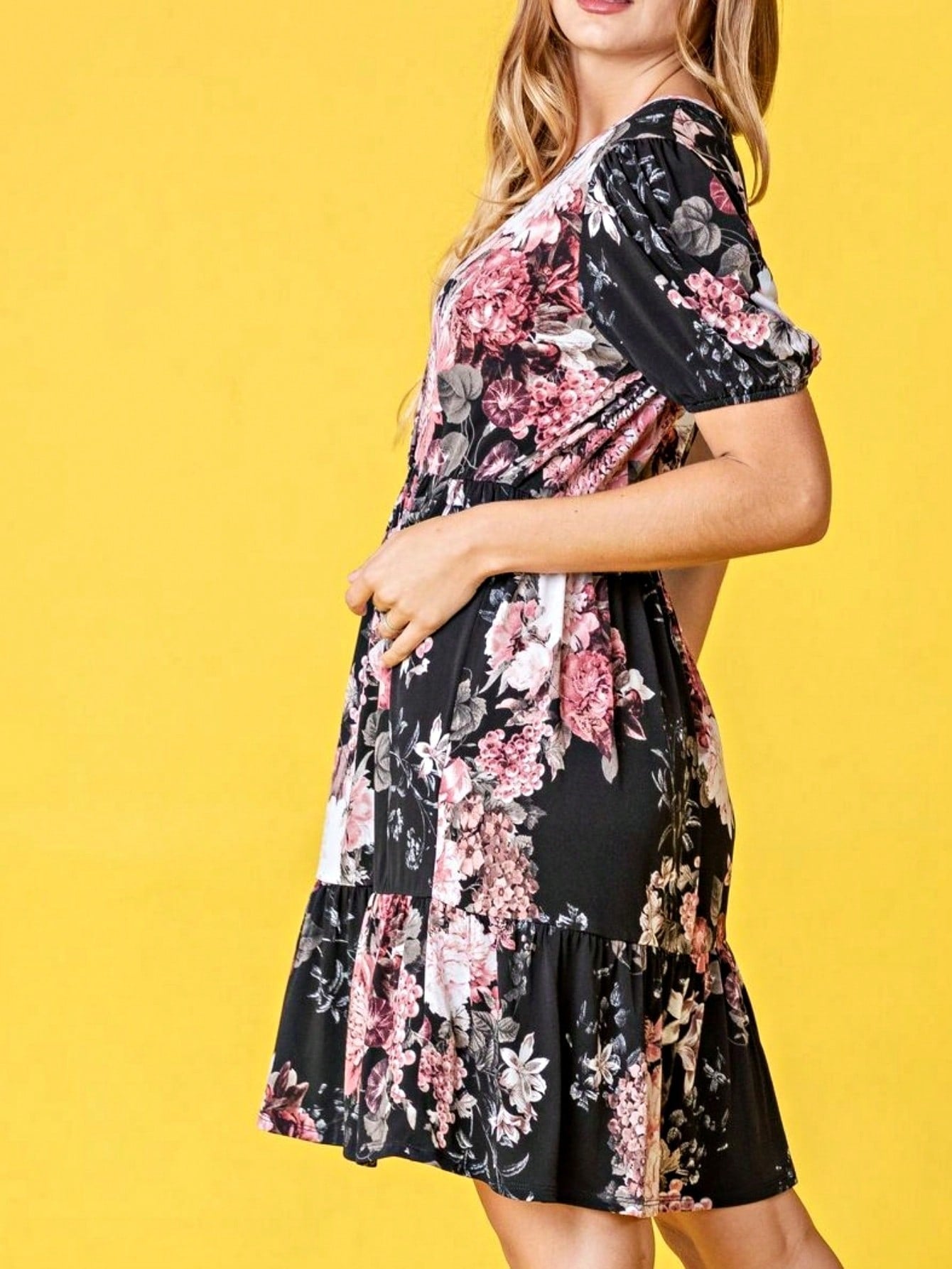 Boho Retro Sage Navy Pink Black Ditsy Floral Surplice Deep V Neck Band Waist Shirring Soft Swing Dress Small To 3 XL Plus