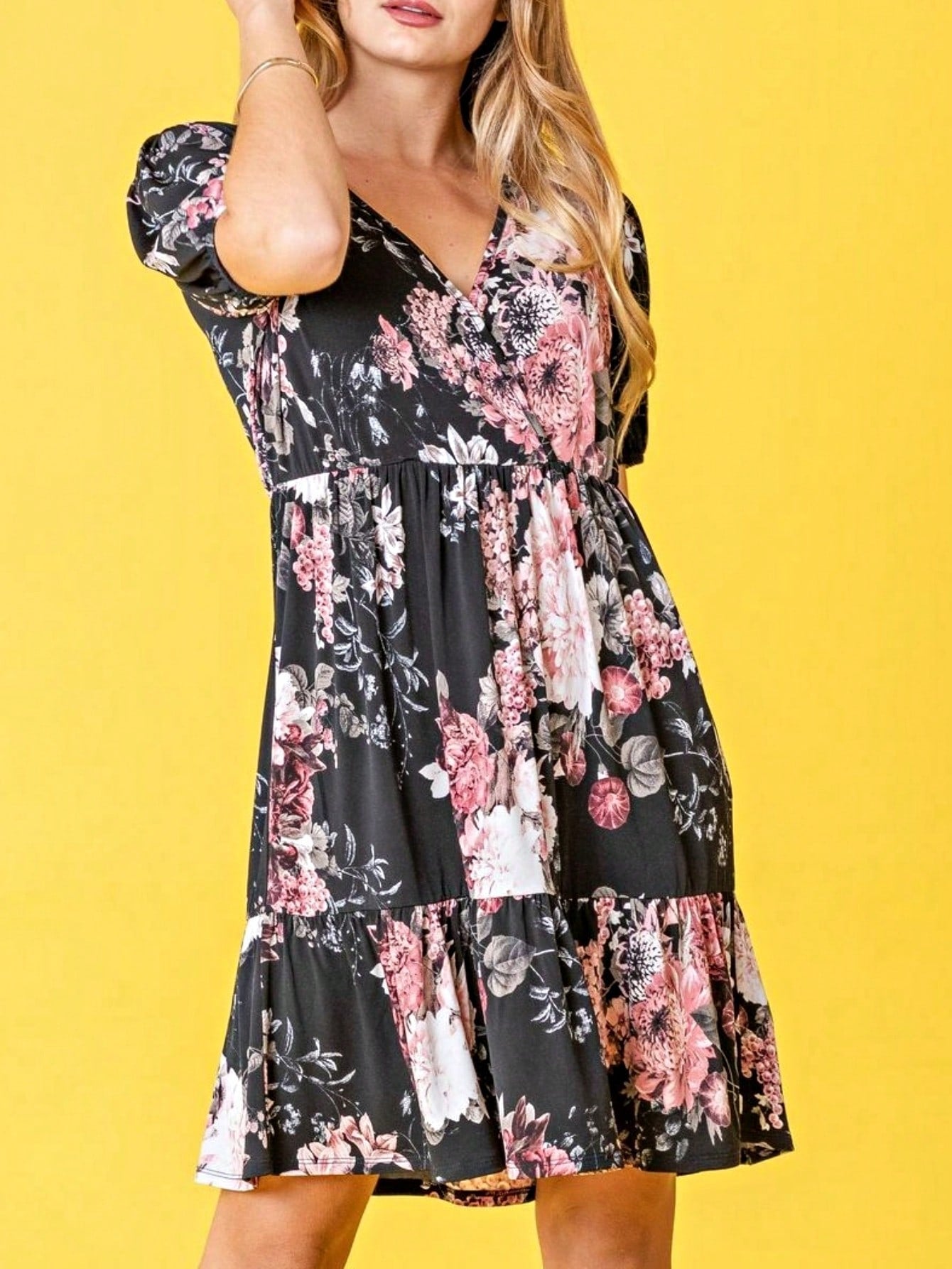 Boho Retro Sage Navy Pink Black Ditsy Floral Surplice Deep V Neck Band Waist Shirring Soft Swing Dress Small To 3 XL Plus