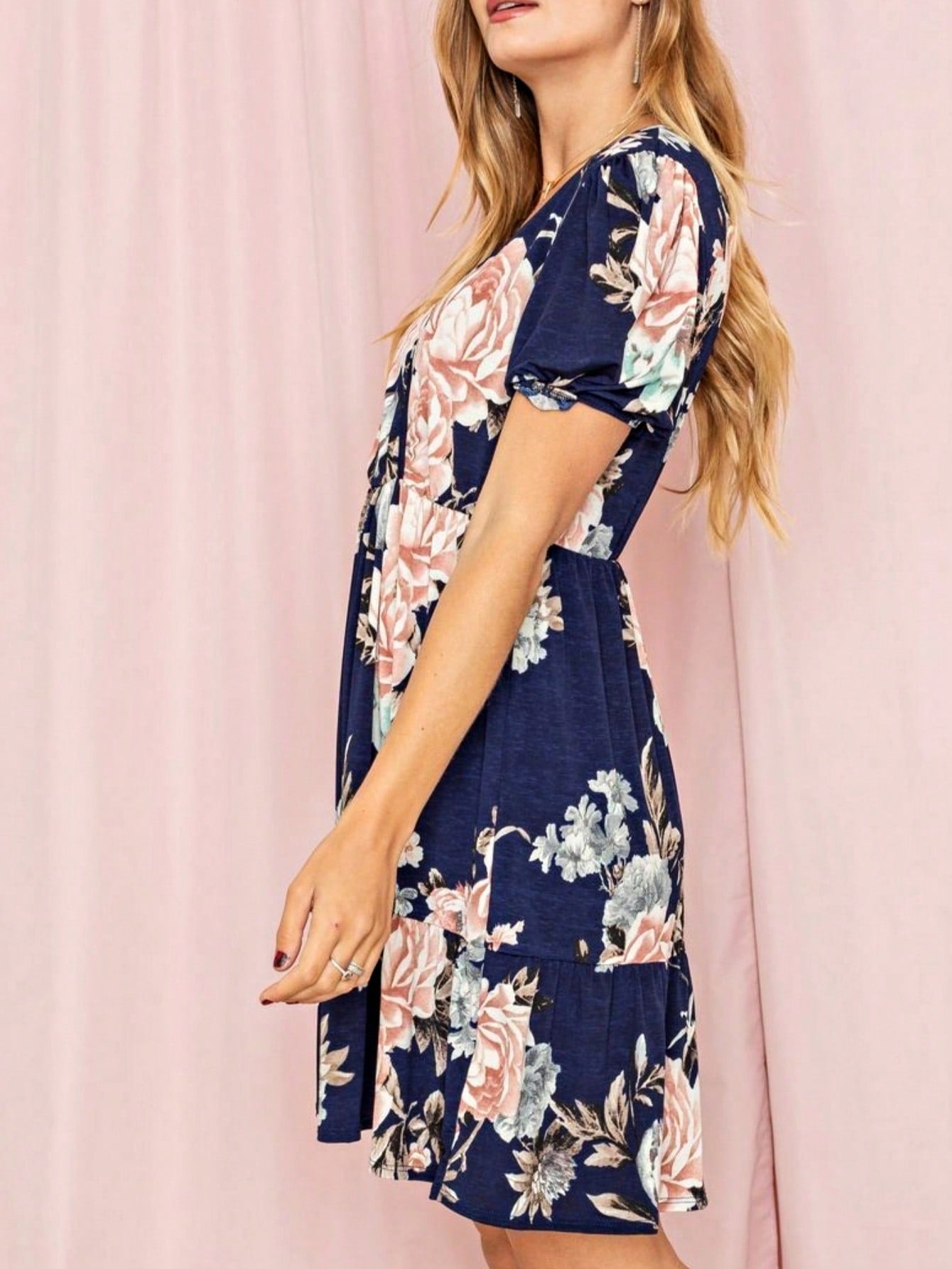 Boho Retro Sage Navy Pink Black Ditsy Floral Surplice Deep V Neck Band Waist Shirring Soft Swing Dress Small To 3 XL Plus