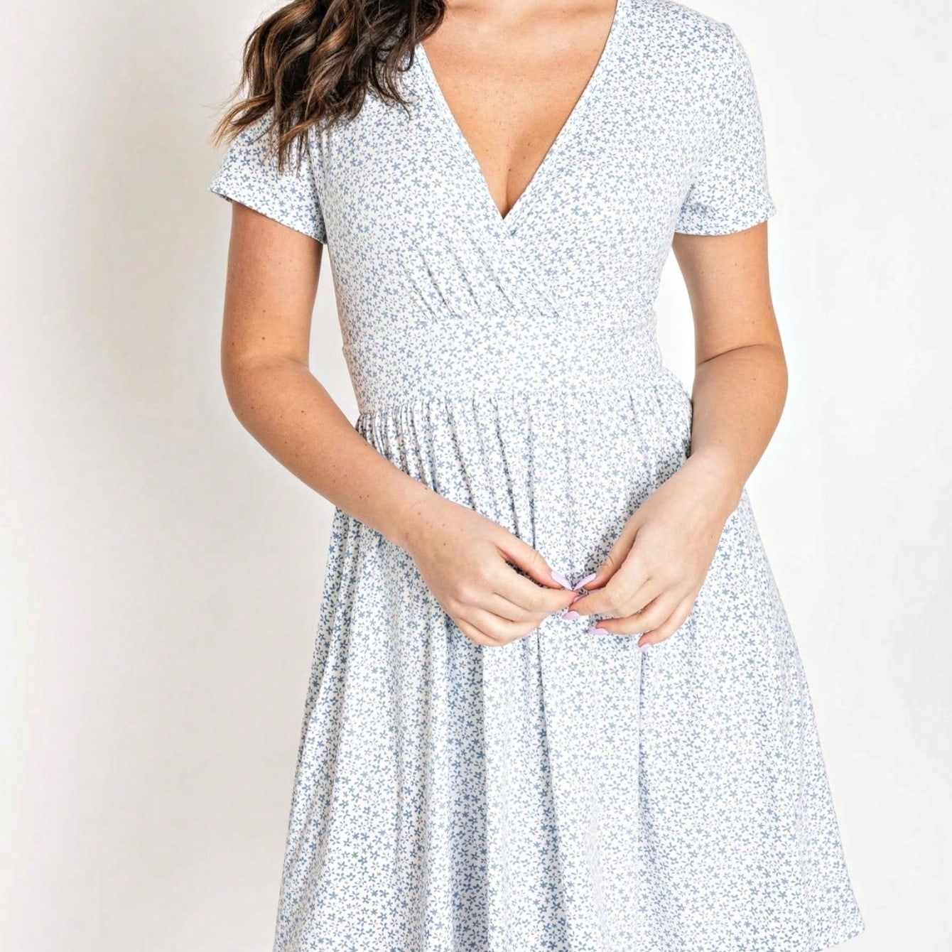 Boho Retro Sage Navy Pink Black Ditsy Floral Surplice Deep V Neck Band Waist Shirring Soft Swing Dress Small To 3 XL Plus