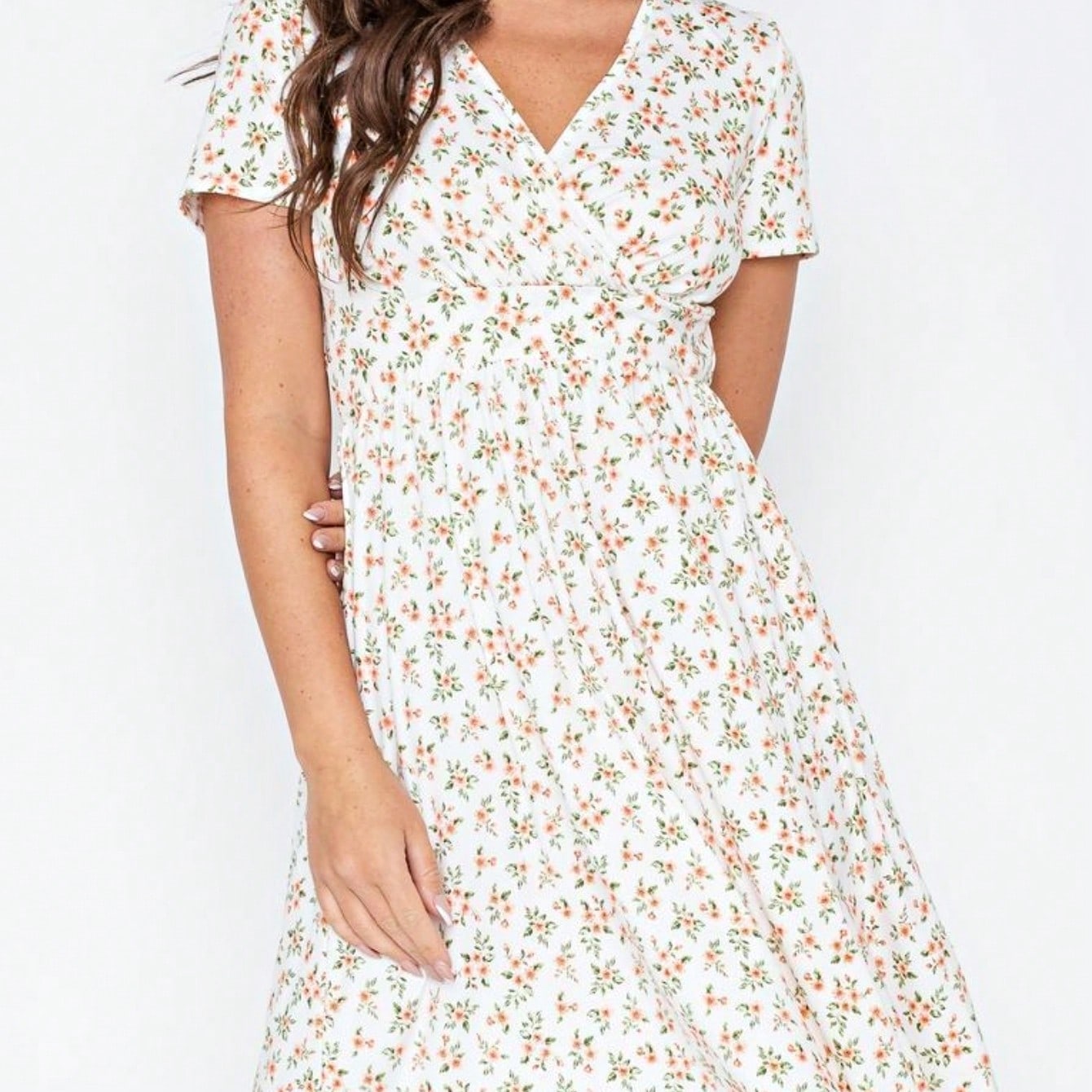 Boho Retro Sage Navy Pink Black Ditsy Floral Surplice Deep V Neck Band Waist Shirring Soft Swing Dress Small To 3 XL Plus