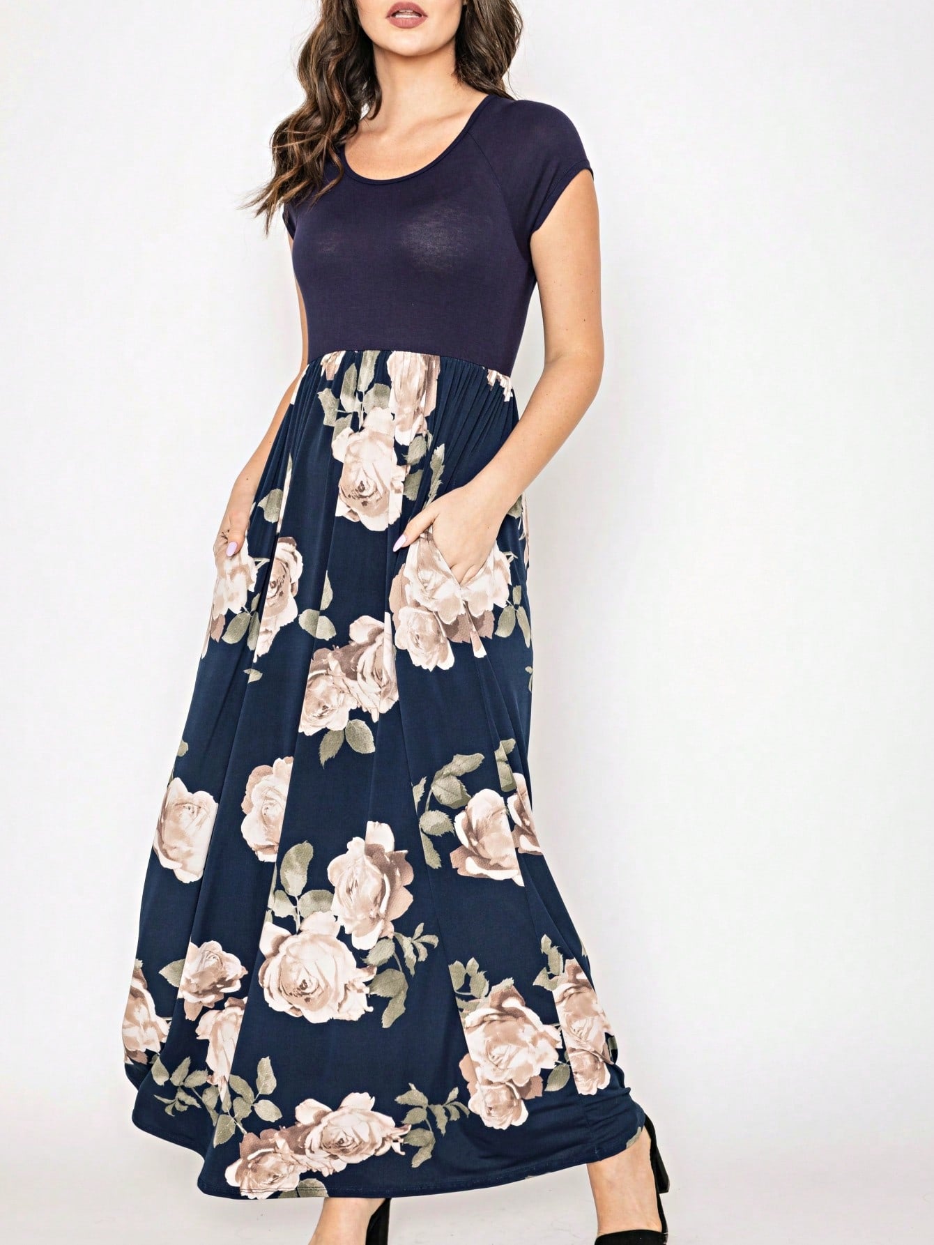 Halter Sleeveless Ditsy Floral Vacation Cruise Multi Chevron Stripe Yellow, Navy And Mint Sleeveless Maxi Dress With Pocket | S-3X