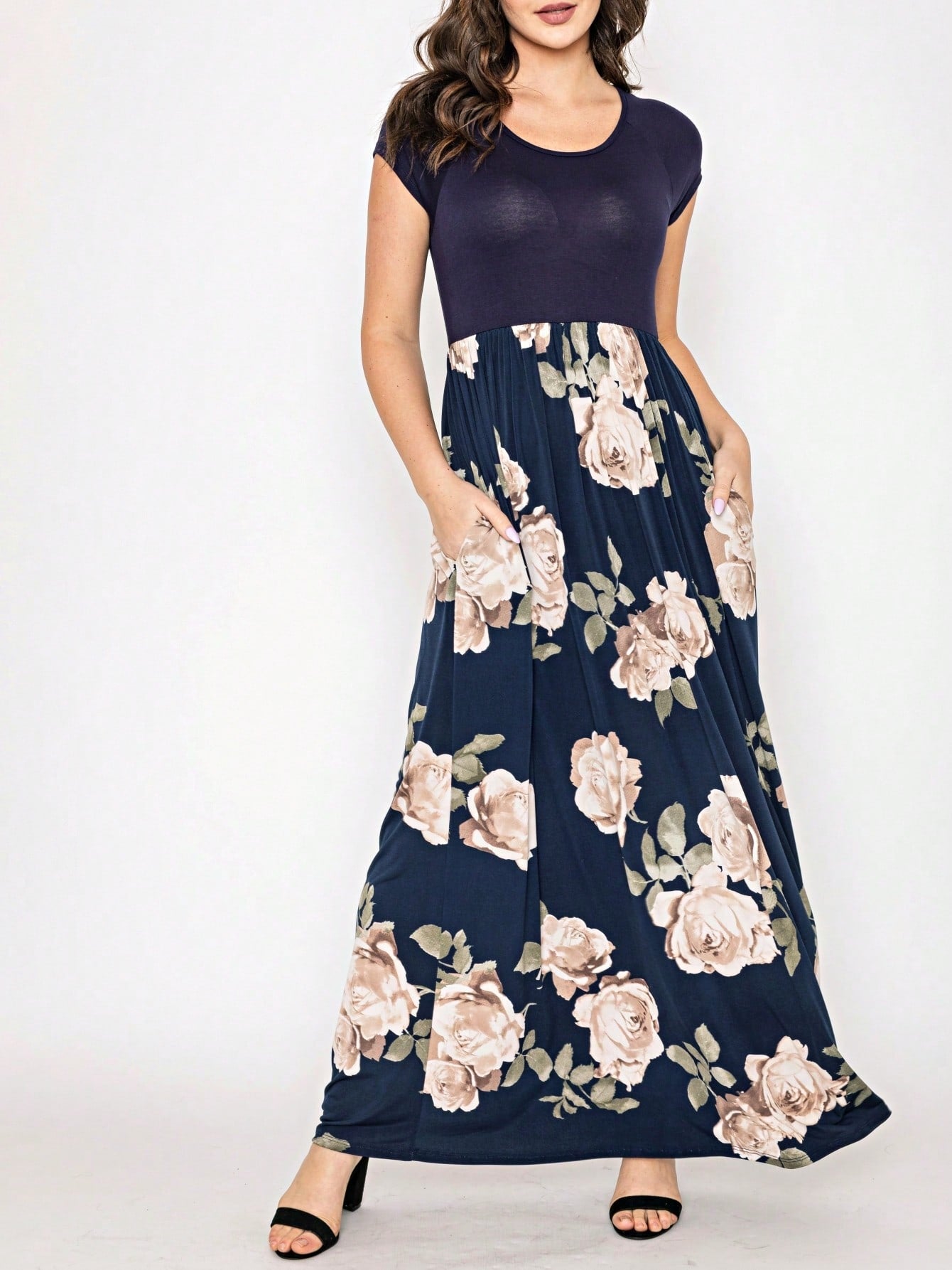 Halter Sleeveless Ditsy Floral Vacation Cruise Multi Chevron Stripe Yellow, Navy And Mint Sleeveless Maxi Dress With Pocket | S-3X