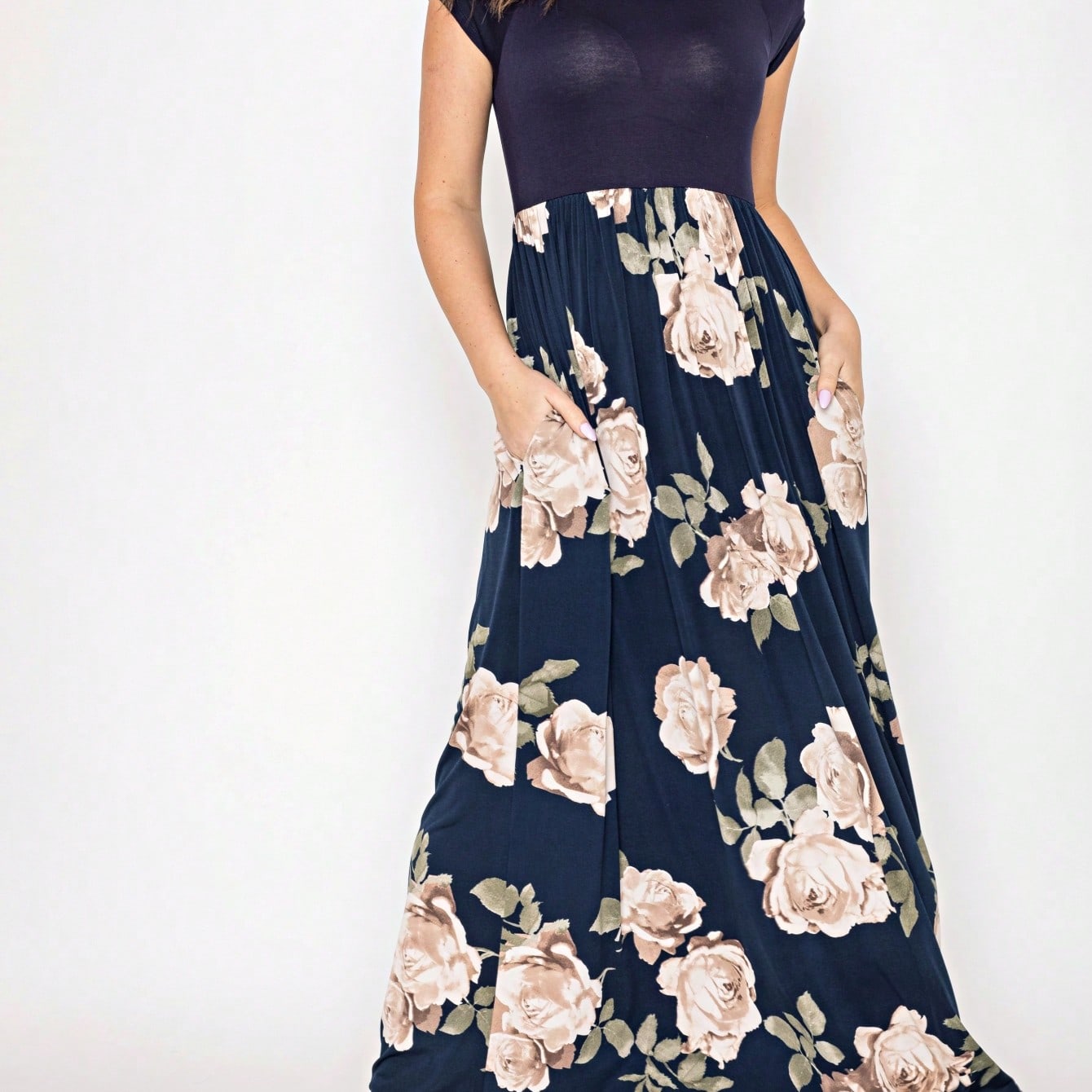 Halter Sleeveless Ditsy Floral Vacation Cruise Multi Chevron Stripe Yellow, Navy And Mint Sleeveless Maxi Dress With Pocket | S-3X