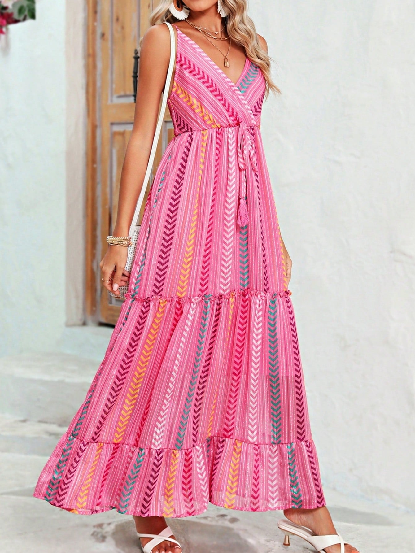 Boho Vacation Blue  Elegant Classic Tiered Maxi Long Shirt  Dress With Belt  Versatile Summer Dress For Women