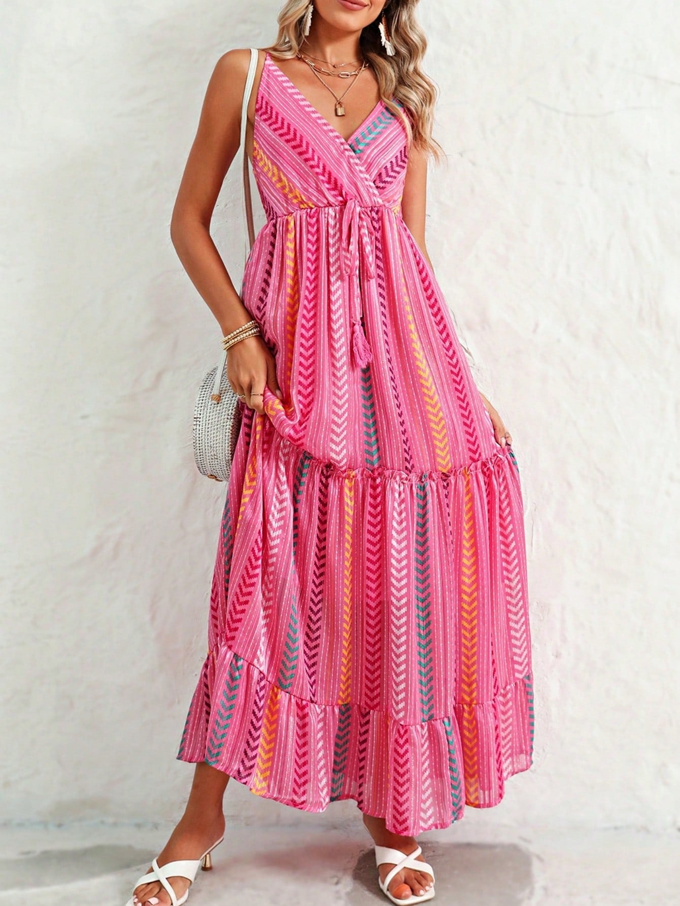 Boho Vacation Blue  Elegant Classic Tiered Maxi Long Shirt  Dress With Belt  Versatile Summer Dress For Women