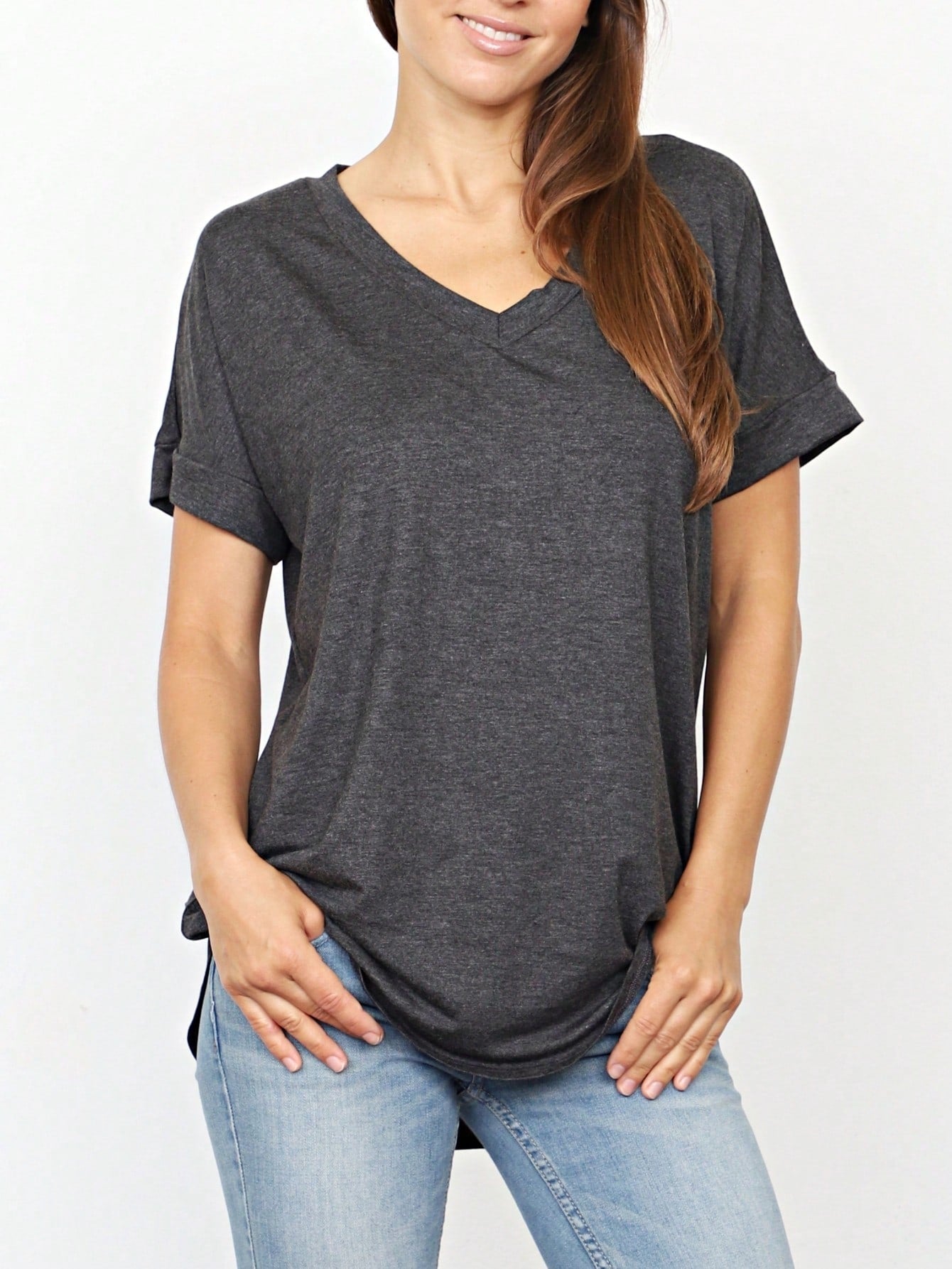 Summer Cool Every Day Soft Cuff Short Sleeve V Neck High And Low Top T Shirt Tunic For Leggings And Shorts |  Small -3 XL