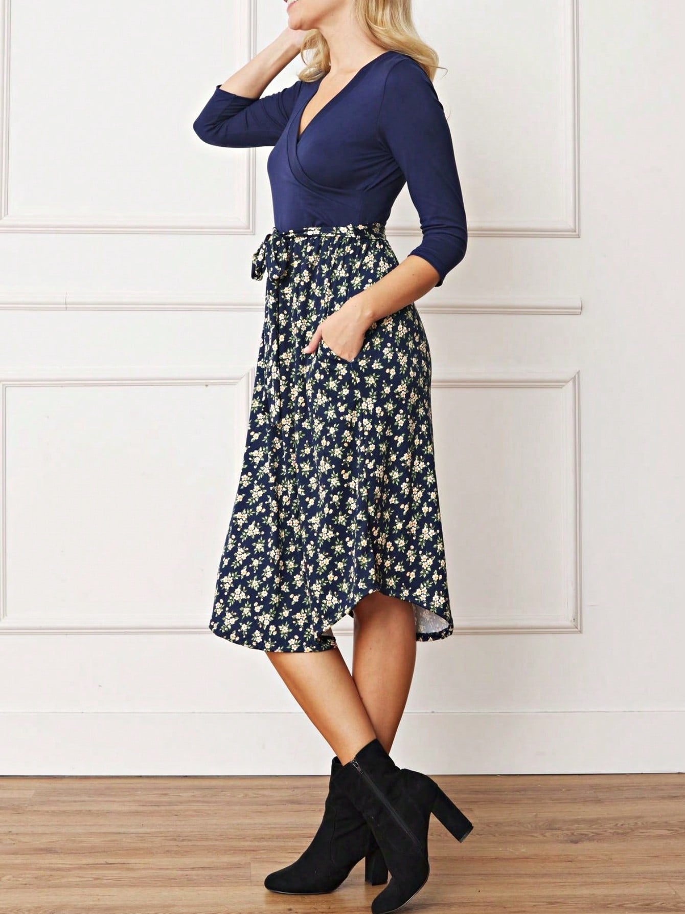 Contrast Surplice Ditsy Floral Midi Dress With Sash | 2 Colors | S-3X