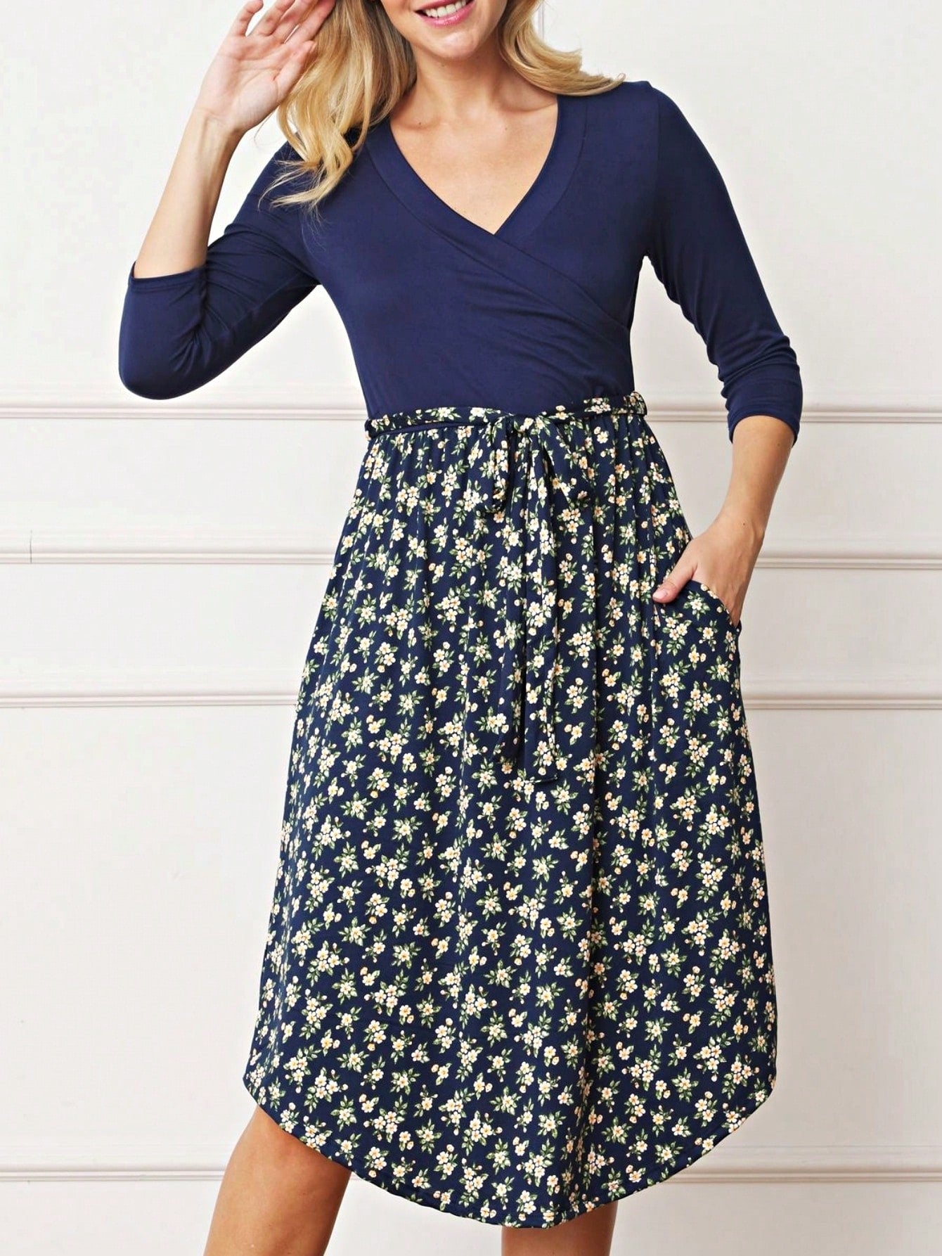 Contrast Surplice Ditsy Floral Midi Dress With Sash | 2 Colors | S-3X