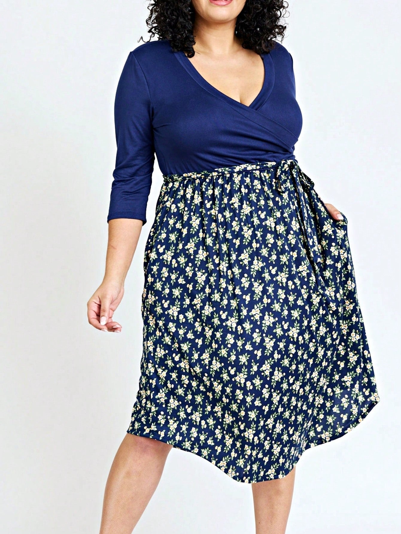 Contrast Surplice Ditsy Floral Midi Dress With Sash | 2 Colors | S-3X