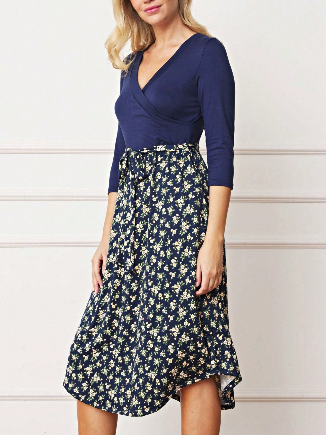 Contrast Surplice Ditsy Floral Midi Dress With Sash | 2 Colors | S-3X