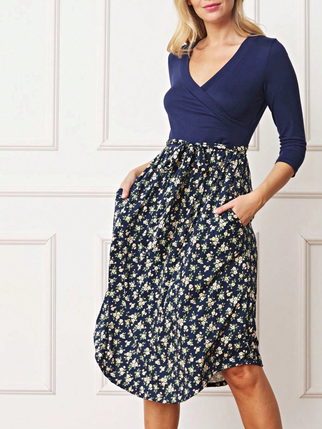 Contrast Surplice Ditsy Floral Midi Dress With Sash | 2 Colors | S-3X