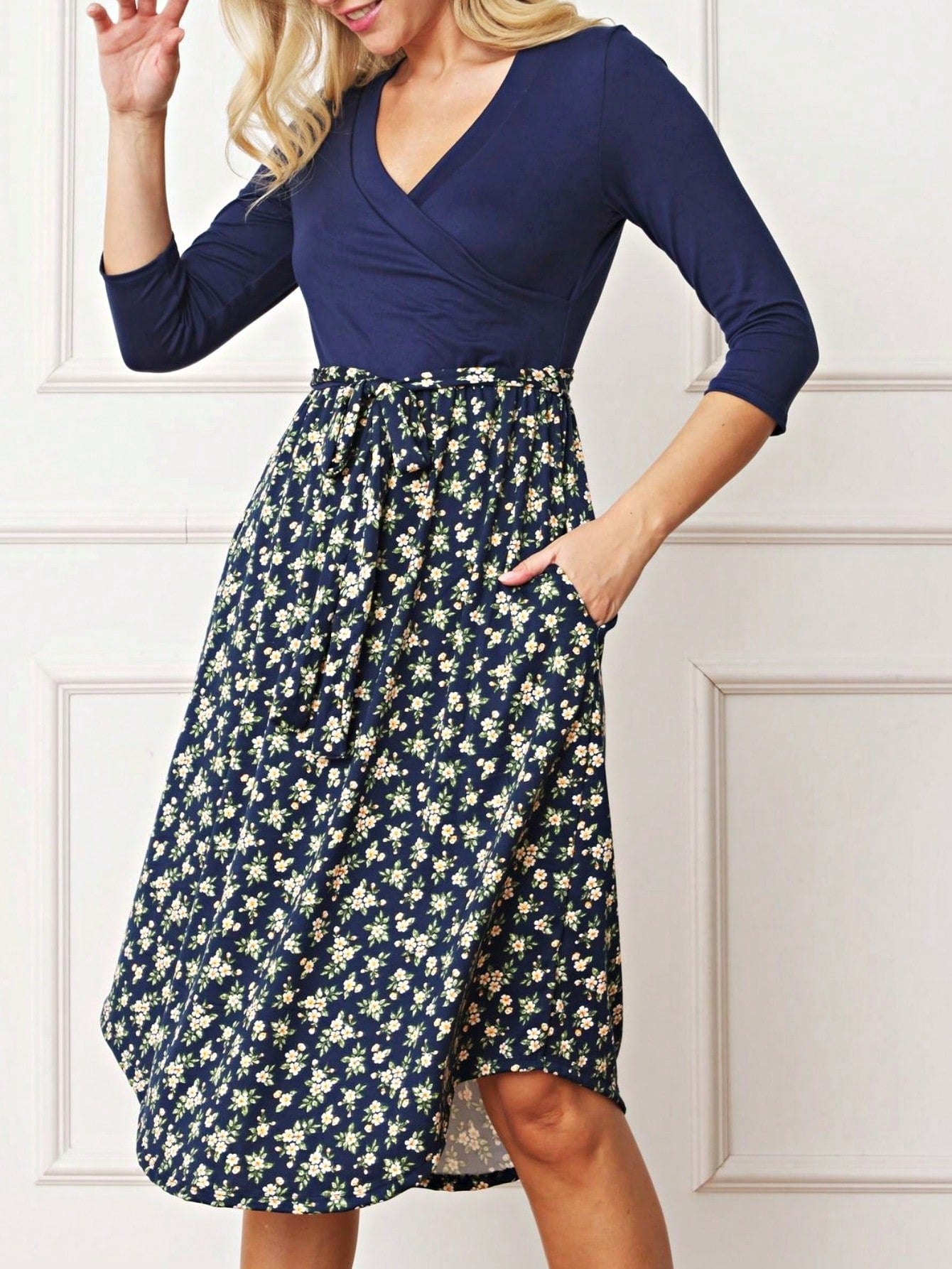 Contrast Surplice Ditsy Floral Midi Dress With Sash | 2 Colors | S-3X