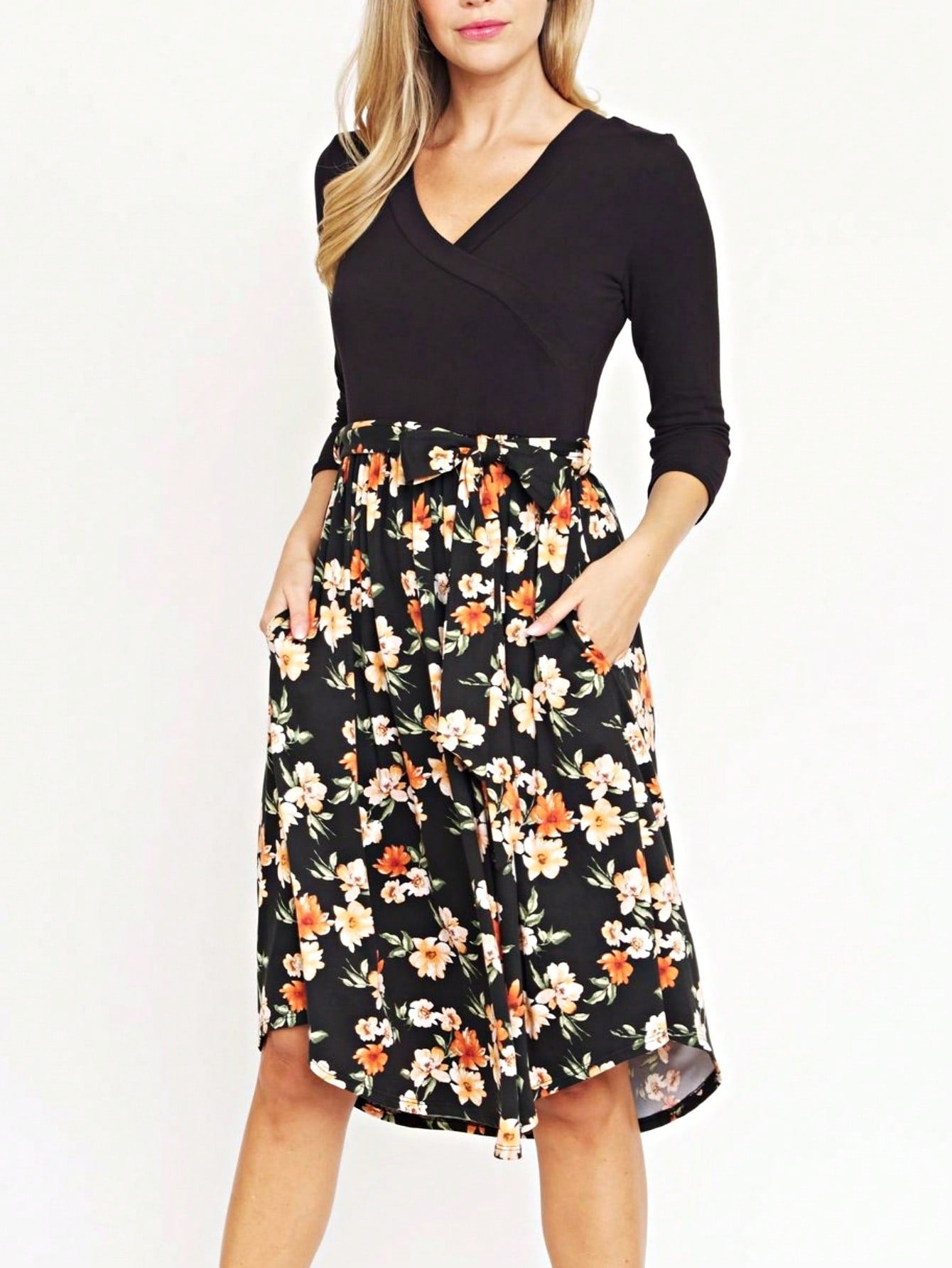 Contrast Surplice Ditsy Floral Midi Dress With Sash | 2 Colors | S-3X
