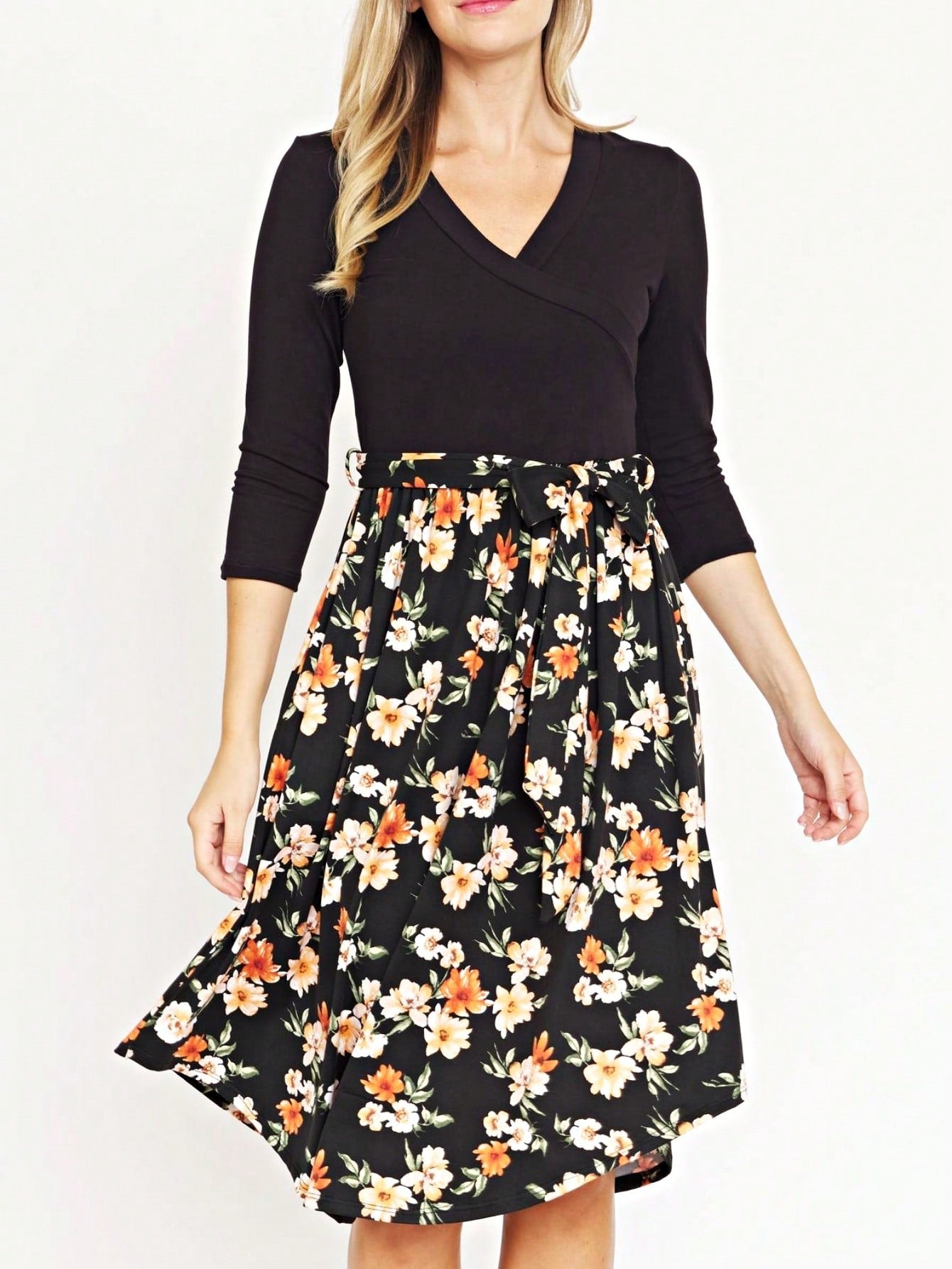 Contrast Surplice Ditsy Floral Midi Dress With Sash | 2 Colors | S-3X