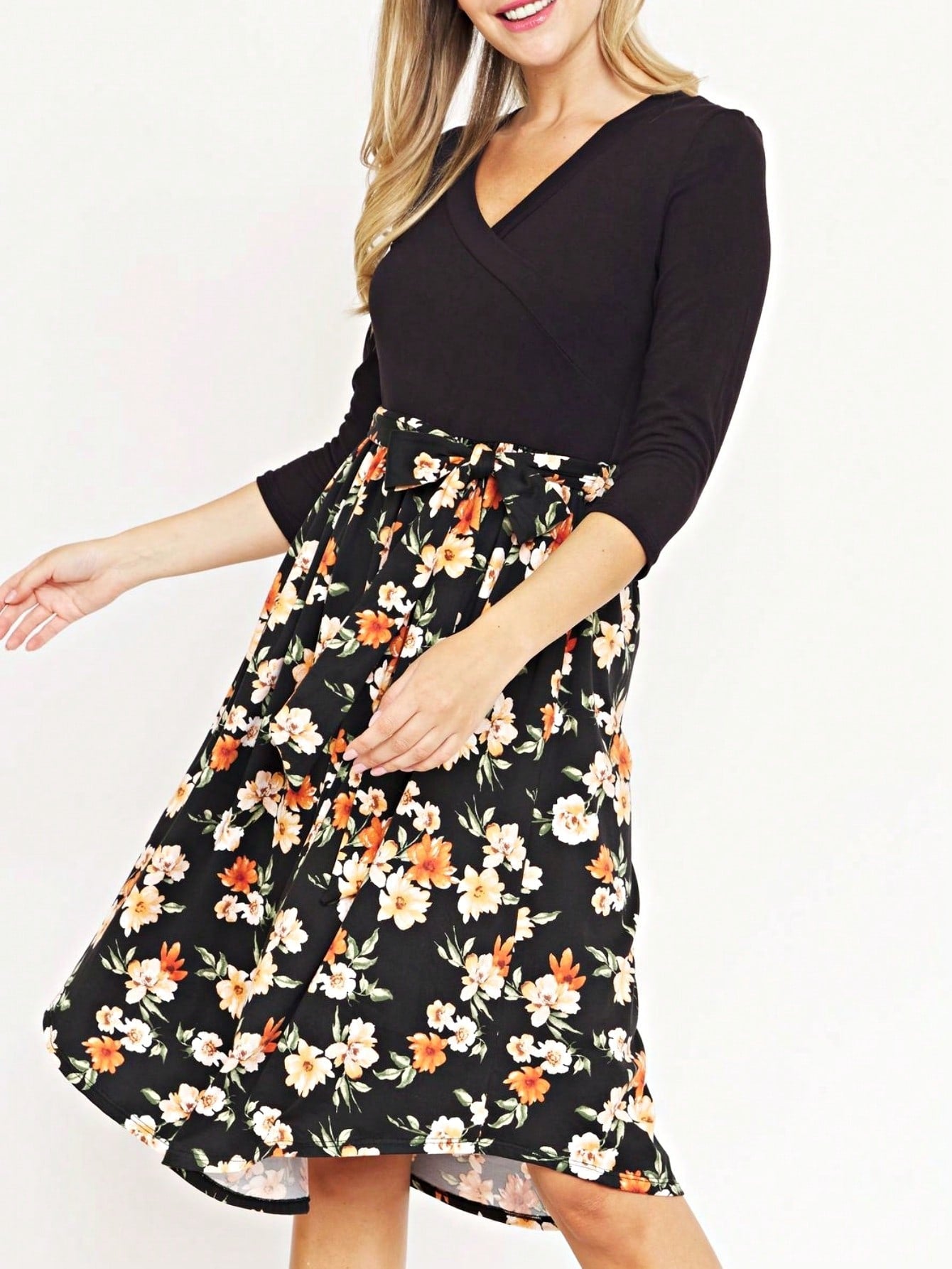 Contrast Surplice Ditsy Floral Midi Dress With Sash | 2 Colors | S-3X