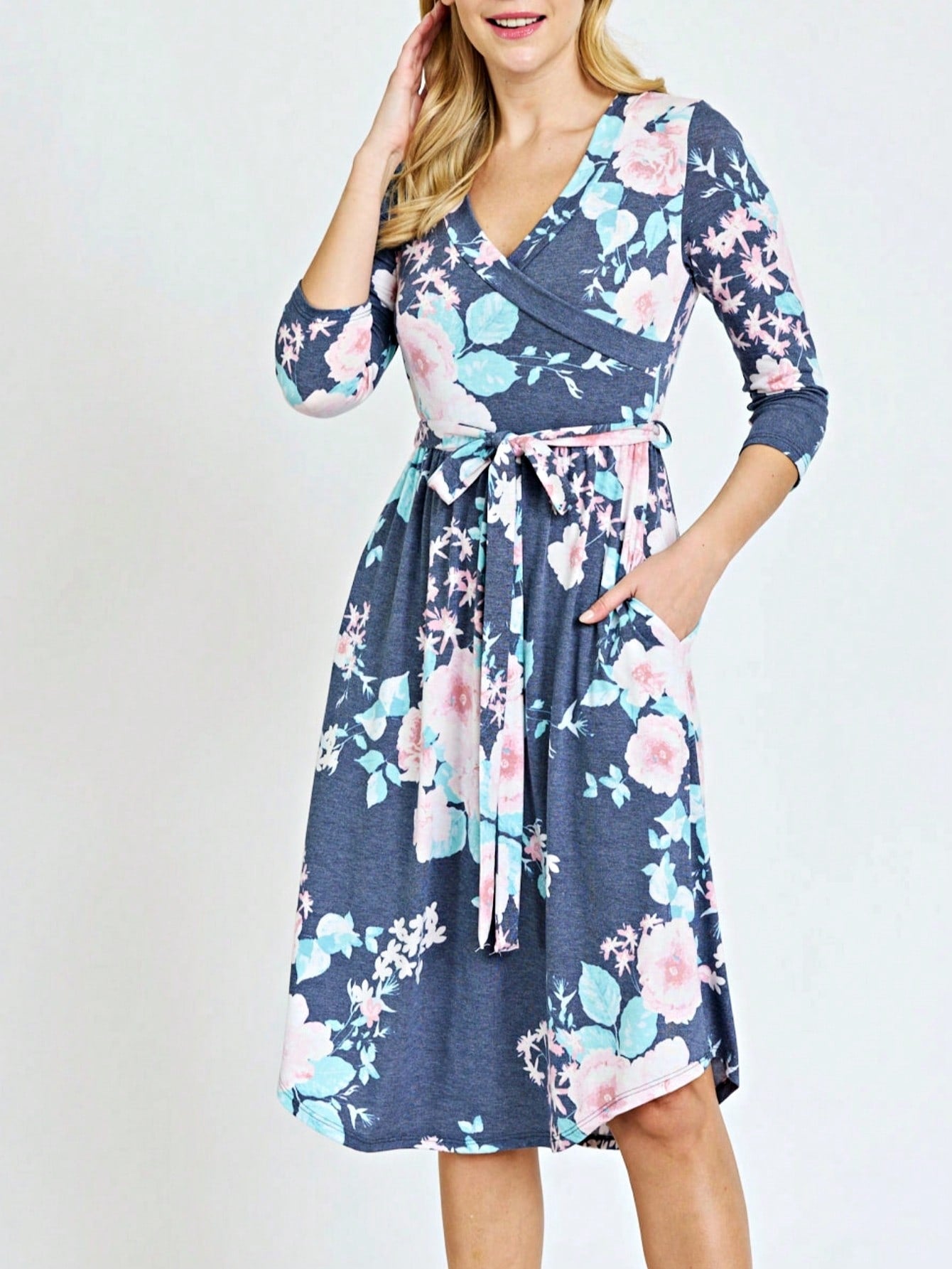 Contrast Surplice Ditsy Floral Midi Dress With Sash | 2 Colors | S-3X