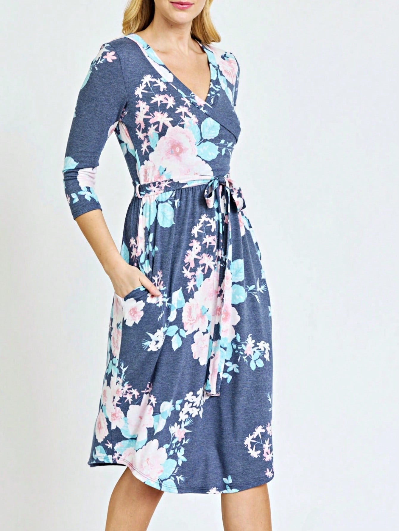 Contrast Surplice Ditsy Floral Midi Dress With Sash | 2 Colors | S-3X