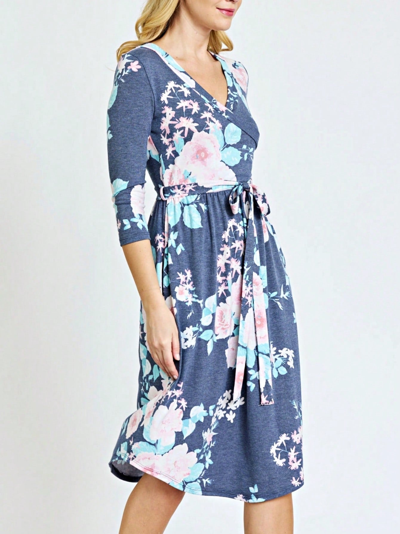 Contrast Surplice Ditsy Floral Midi Dress With Sash | 2 Colors | S-3X