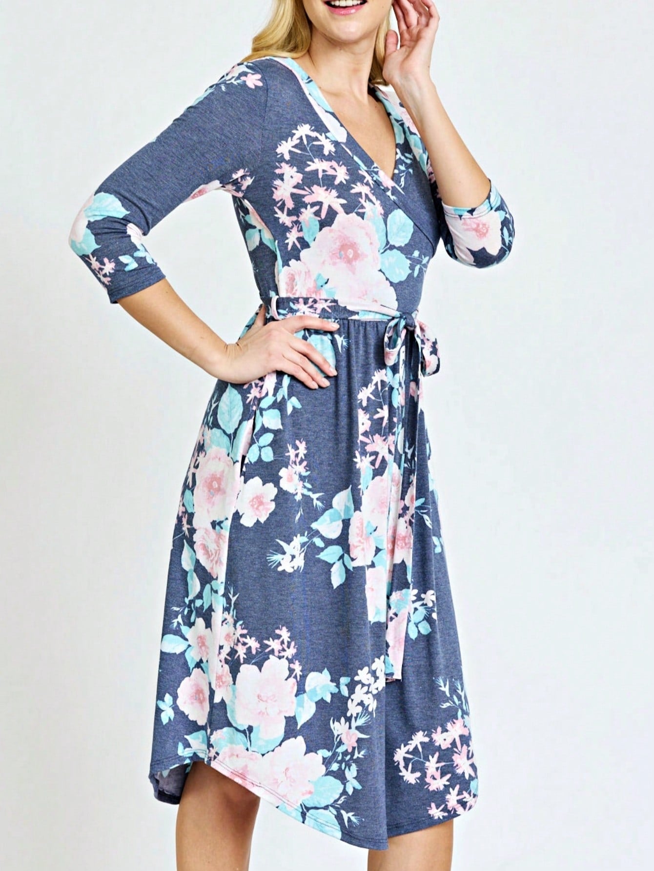 Contrast Surplice Ditsy Floral Midi Dress With Sash | 2 Colors | S-3X