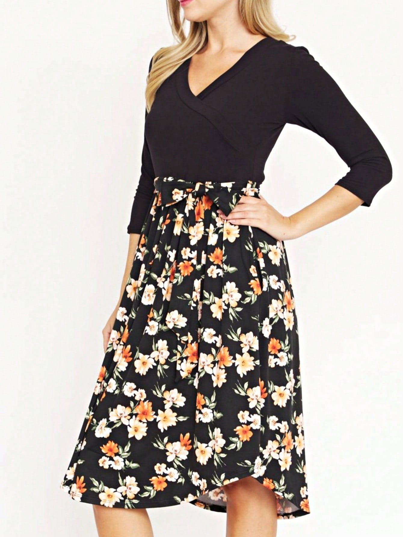 Contrast Surplice Ditsy Floral Midi Dress With Sash | 2 Colors | S-3X
