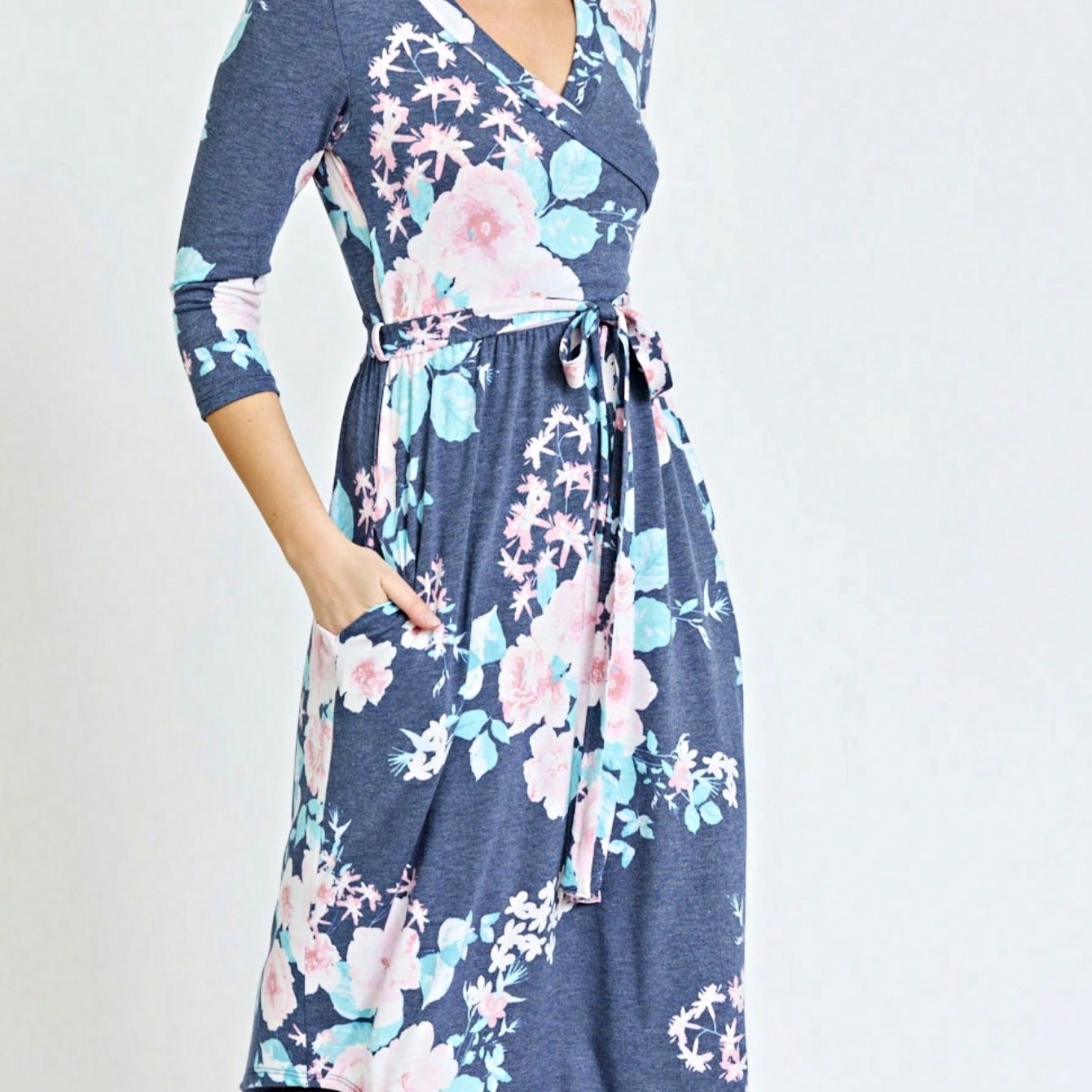 Contrast Surplice Ditsy Floral Midi Dress With Sash | 2 Colors | S-3X