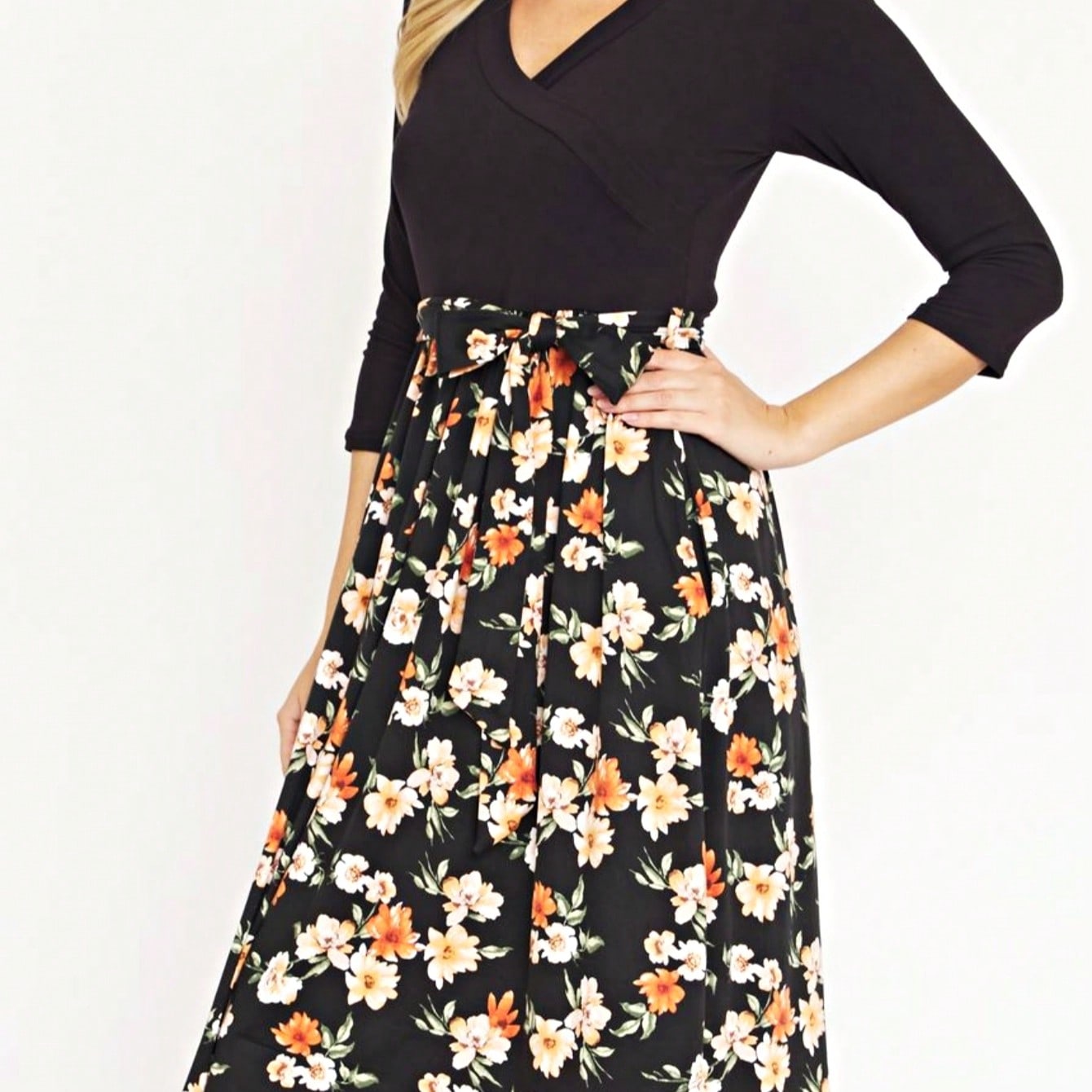 Contrast Surplice Ditsy Floral Midi Dress With Sash | 2 Colors | S-3X
