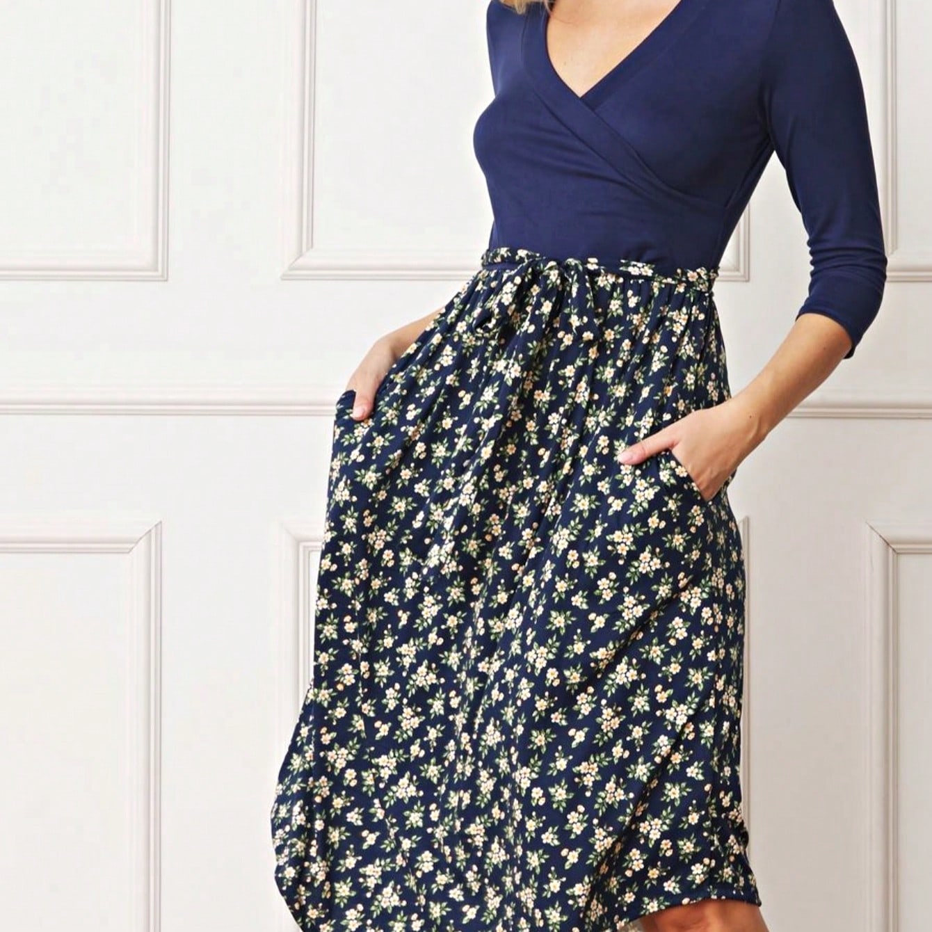 Contrast Surplice Ditsy Floral Midi Dress With Sash | 2 Colors | S-3X