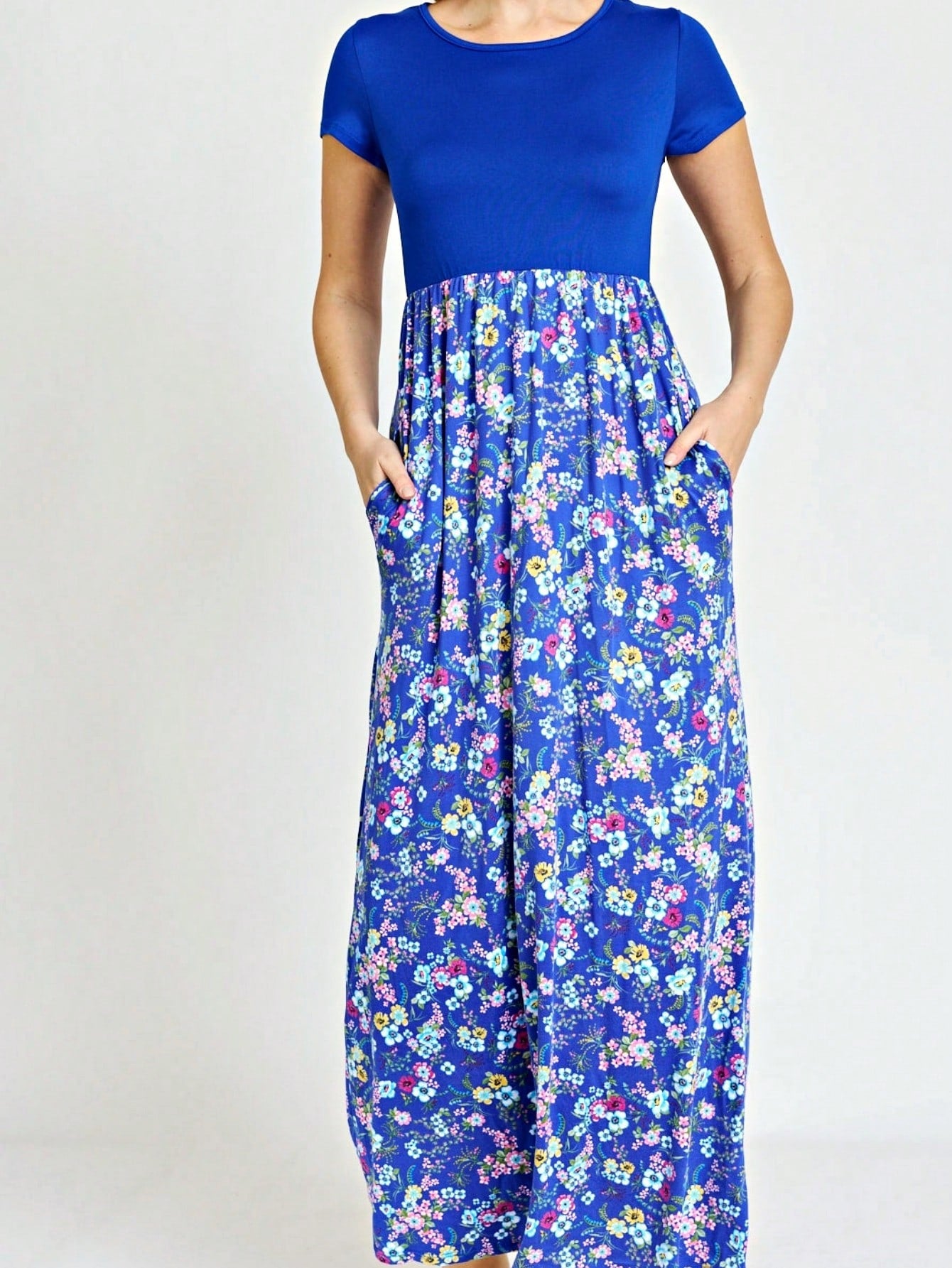 Boho Retro Multi Ditsy Floral Stripe Blue Charcoal Black Coral Short Sleeve Maxi Long Dress With Pocket | S-3X