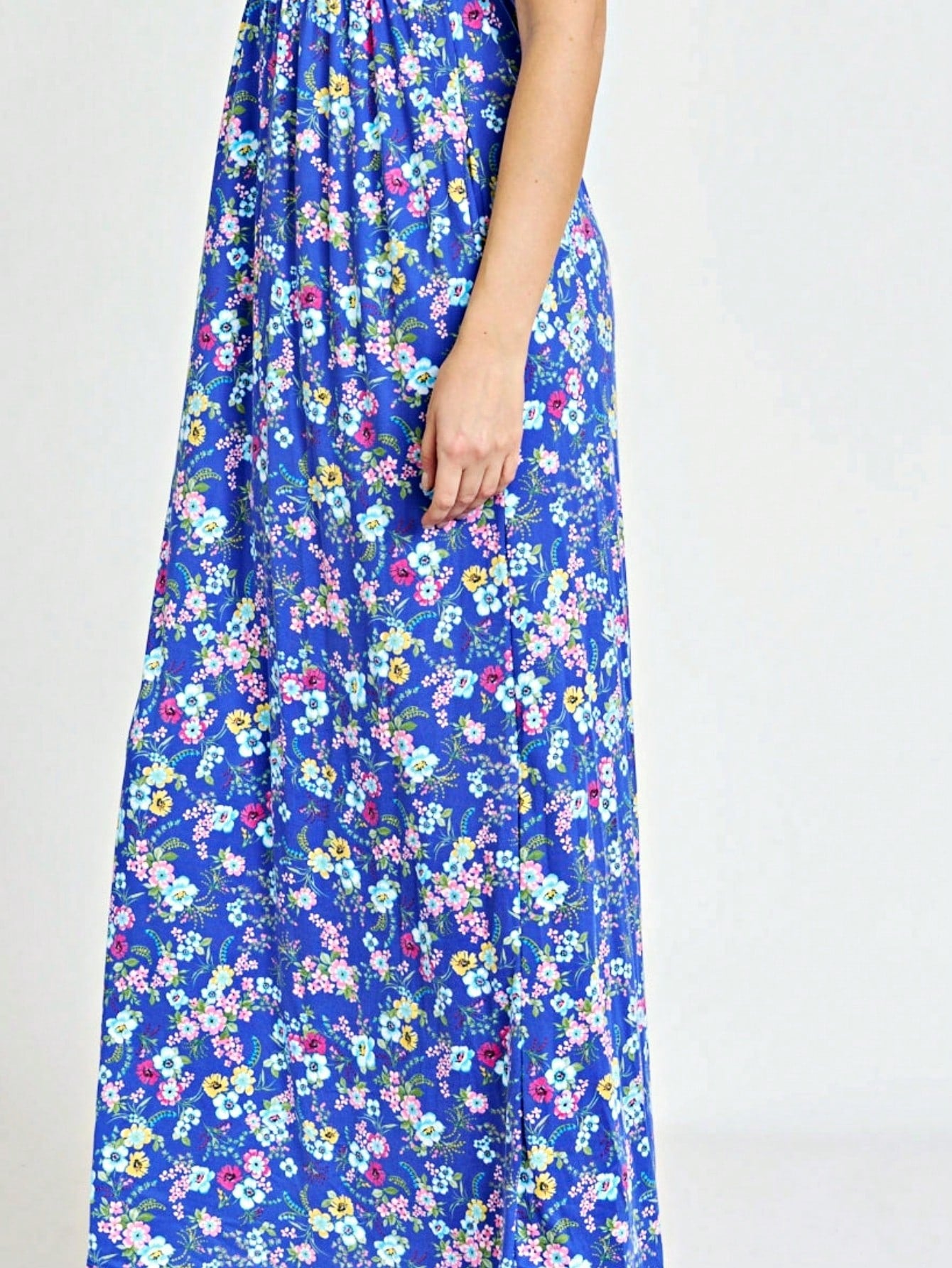 Boho Retro Multi Ditsy Floral Stripe Blue Charcoal Black Coral Short Sleeve Maxi Long Dress With Pocket | S-3X