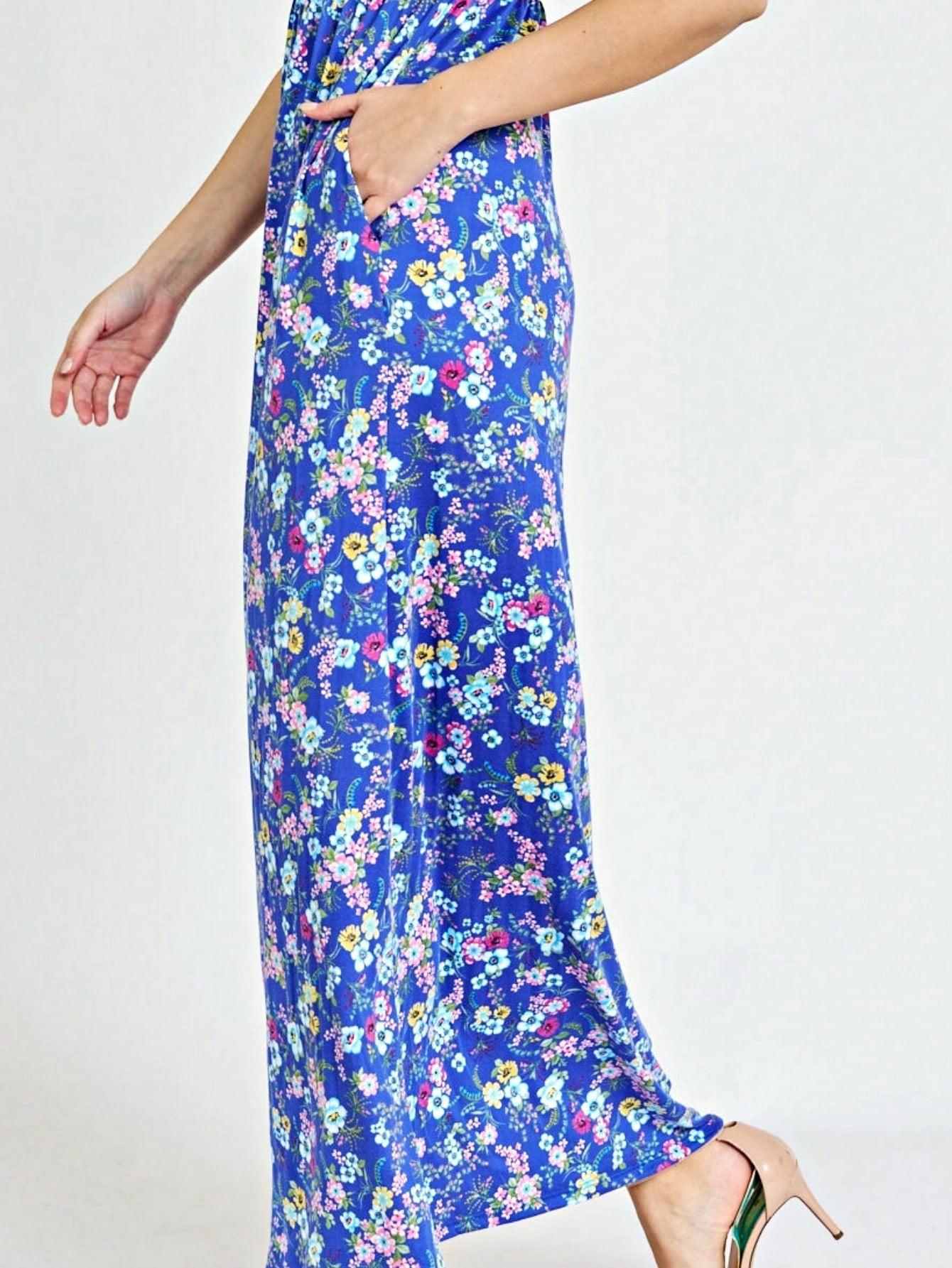 Boho Retro Multi Ditsy Floral Stripe Blue Charcoal Black Coral Short Sleeve Maxi Long Dress With Pocket | S-3X