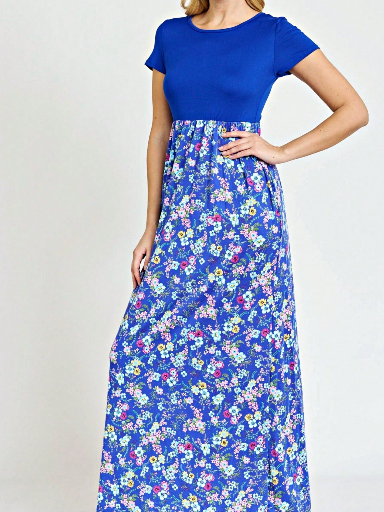 Boho Retro Multi Ditsy Floral Stripe Blue Charcoal Black Coral Short Sleeve Maxi Long Dress With Pocket | S-3X