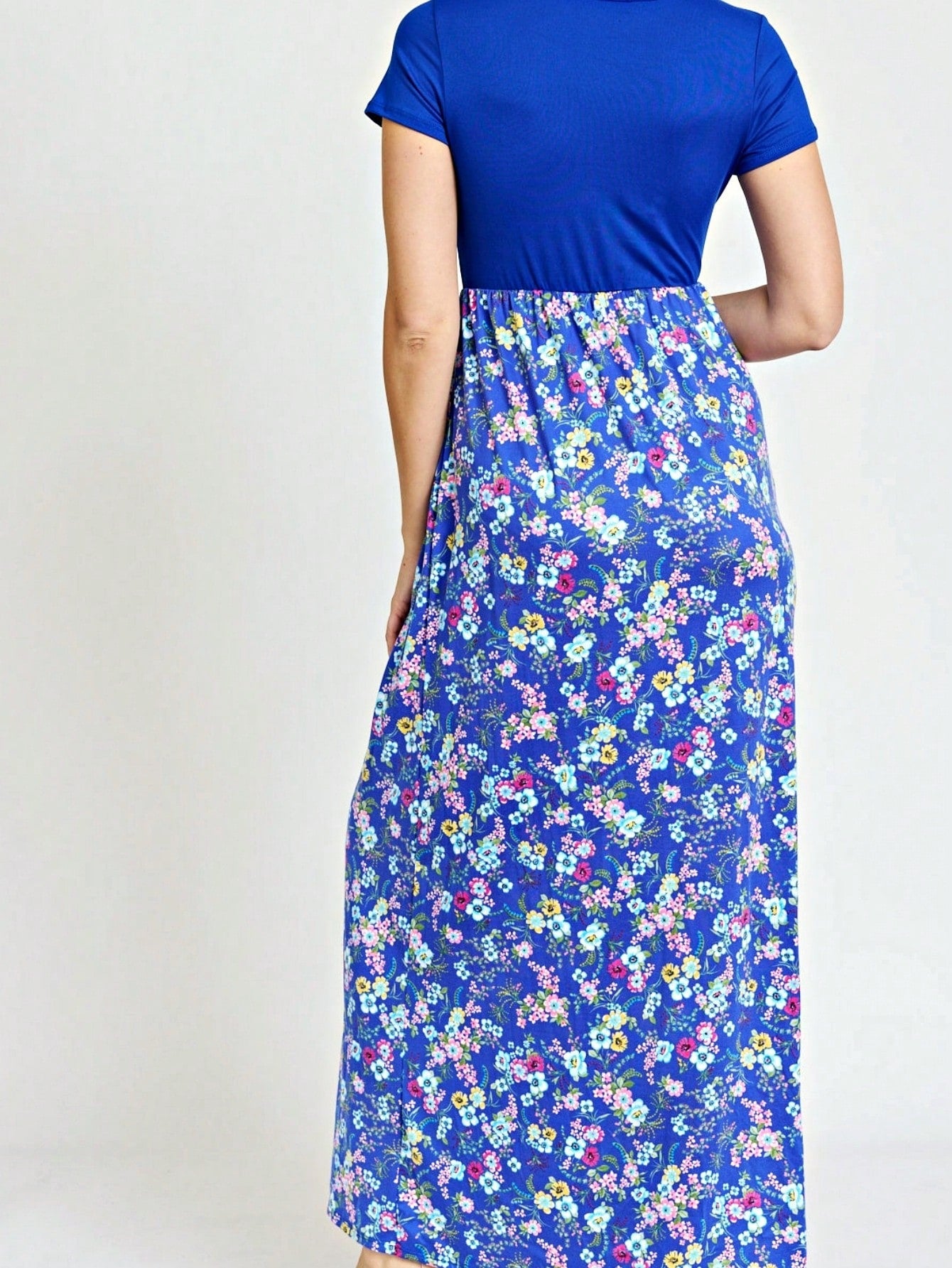 Boho Retro Multi Ditsy Floral Stripe Blue Charcoal Black Coral Short Sleeve Maxi Long Dress With Pocket | S-3X