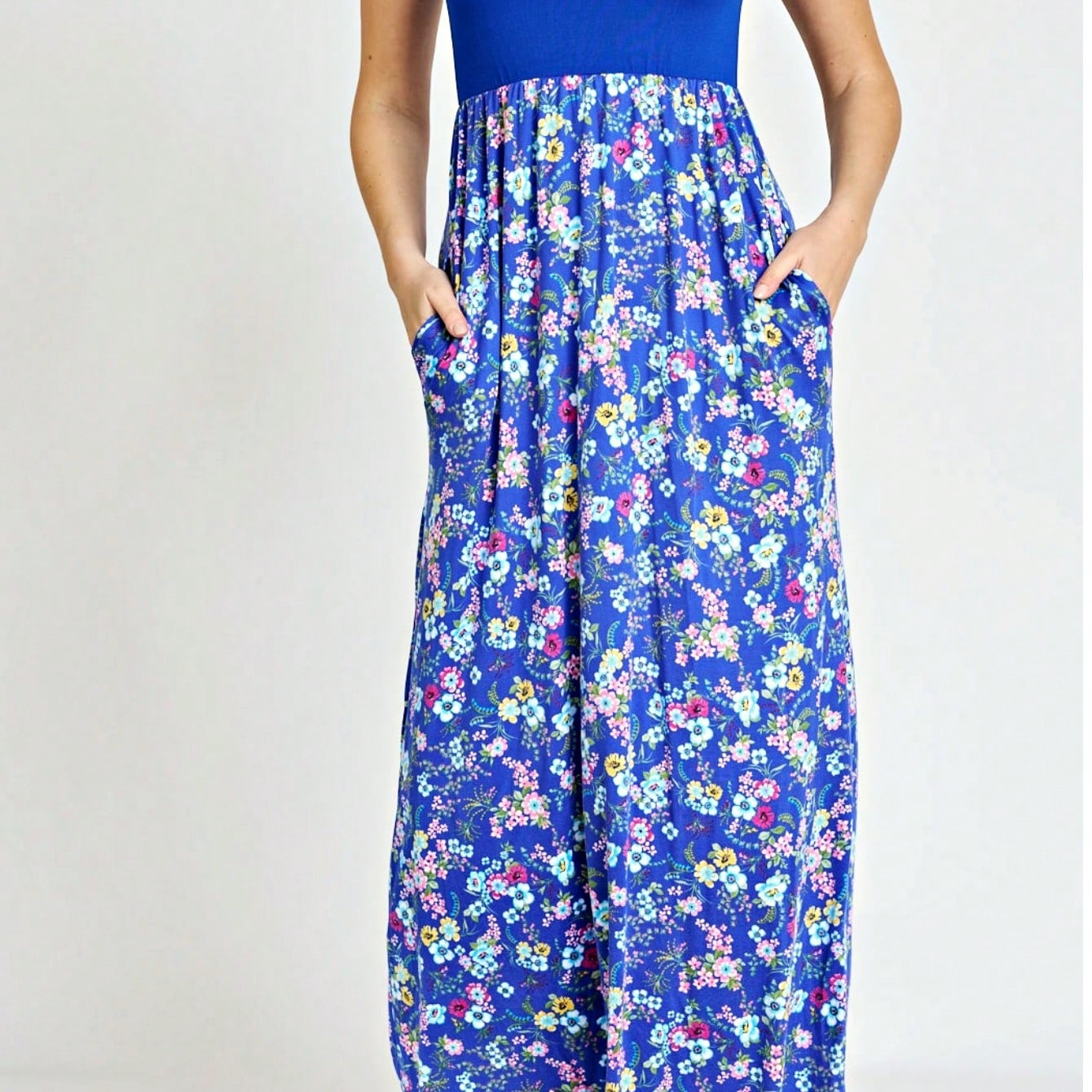 Boho Retro Multi Ditsy Floral Stripe Blue Charcoal Black Coral Short Sleeve Maxi Long Dress With Pocket | S-3X