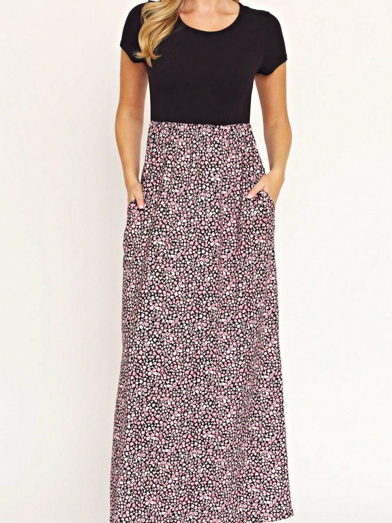 Boho Retro Multi Ditsy Floral Stripe Blue Charcoal Black Coral Short Sleeve Maxi Long Dress With Pocket | S-3X