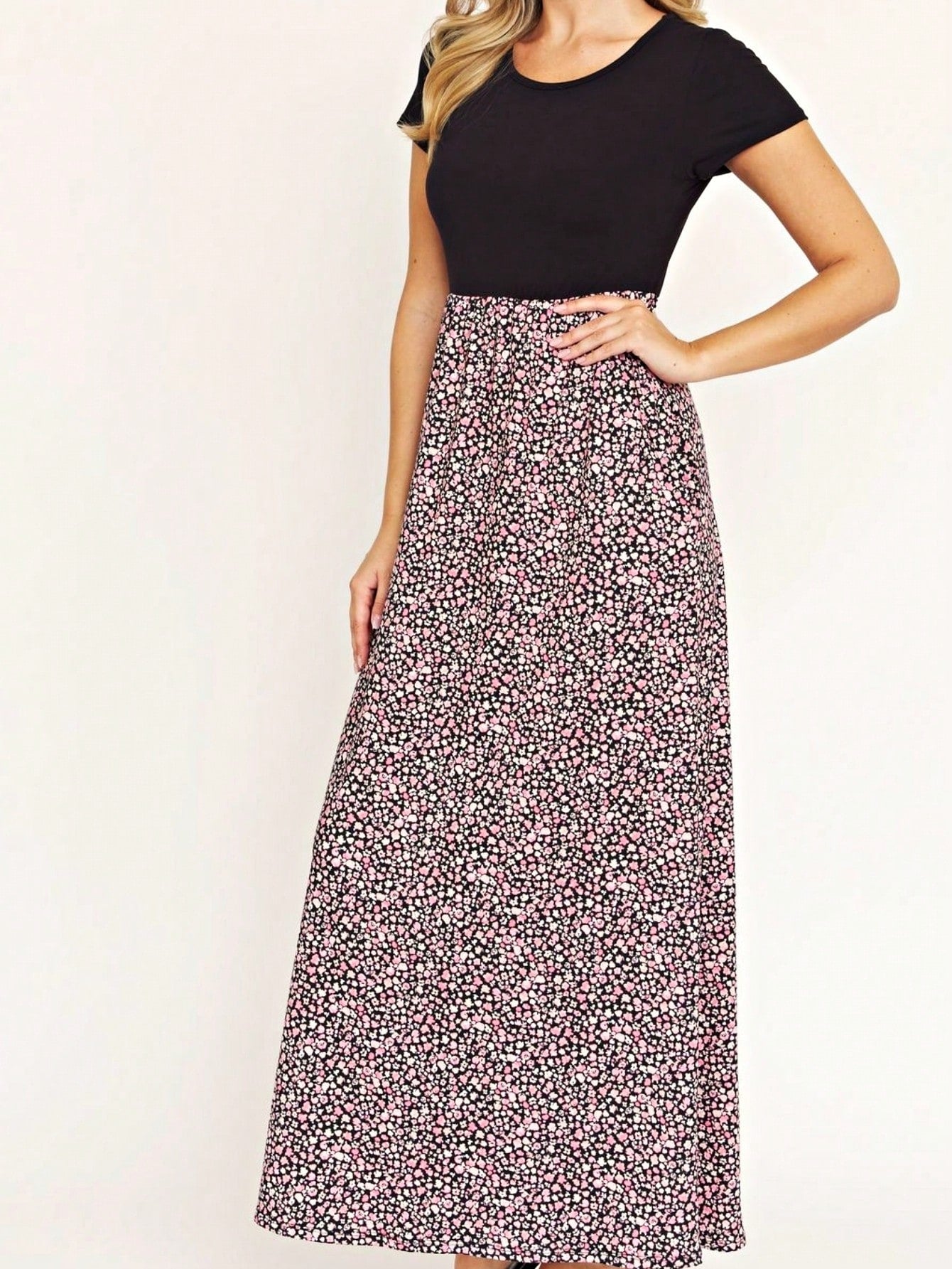 Boho Retro Multi Ditsy Floral Stripe Blue Charcoal Black Coral Short Sleeve Maxi Long Dress With Pocket | S-3X
