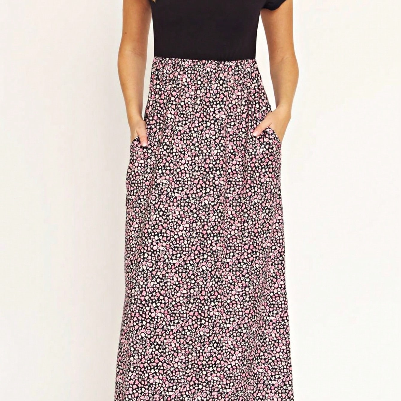 Boho Retro Multi Ditsy Floral Stripe Blue Charcoal Black Coral Short Sleeve Maxi Long Dress With Pocket | S-3X