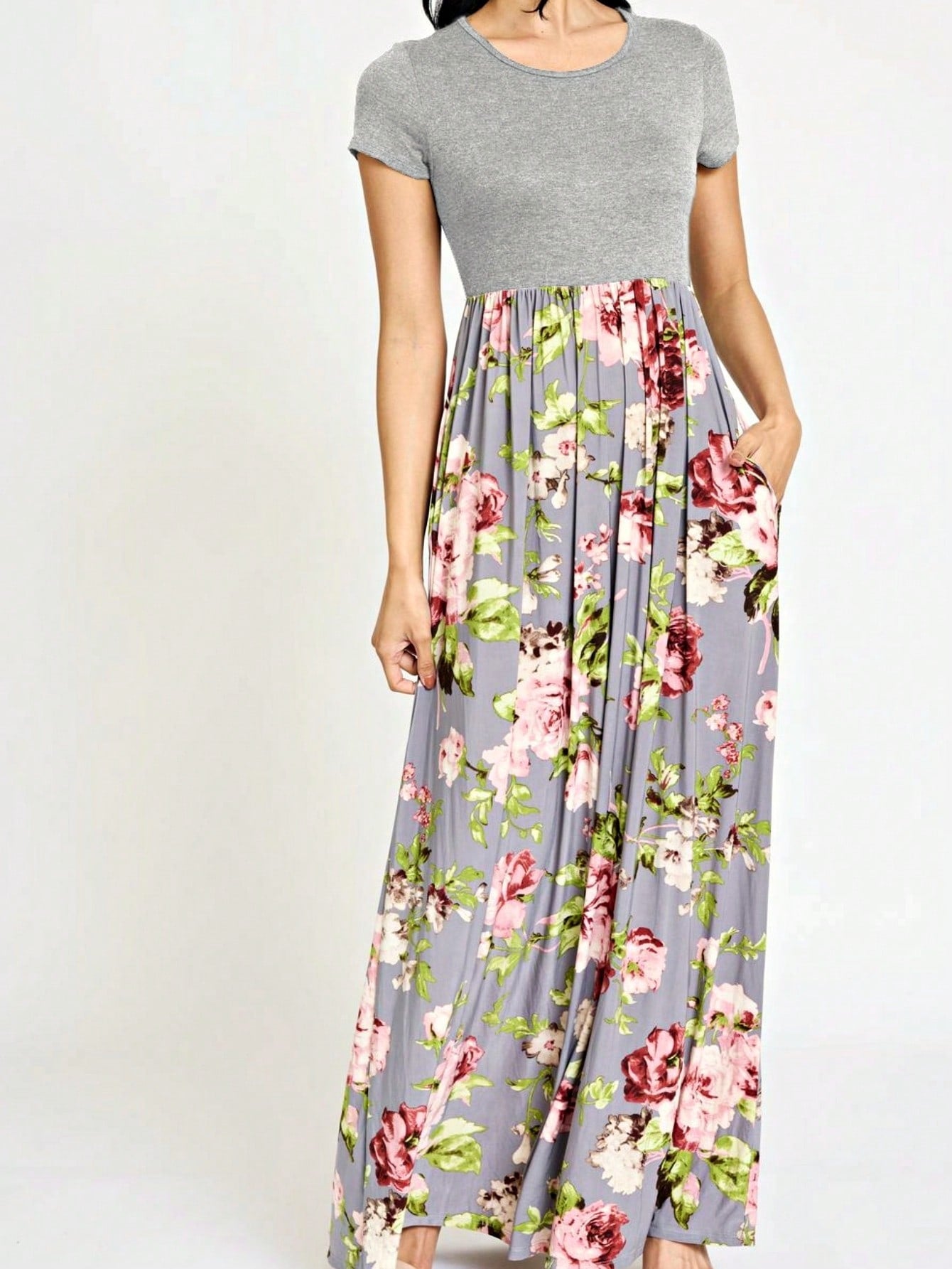 Boho Retro Multi Ditsy Floral Stripe Blue Charcoal Black Coral Short Sleeve Maxi Long Dress With Pocket | S-3X