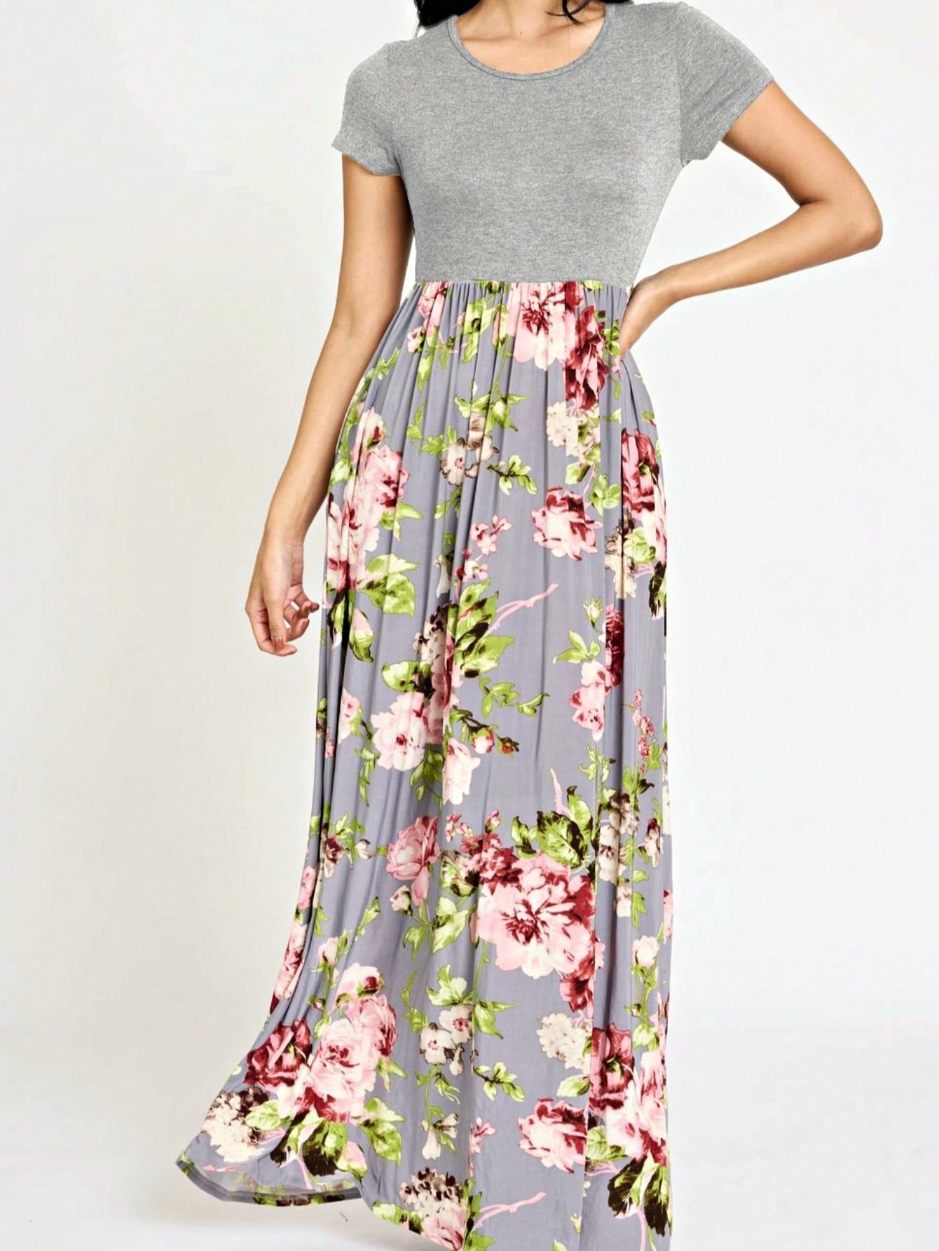 Boho Retro Multi Ditsy Floral Stripe Blue Charcoal Black Coral Short Sleeve Maxi Long Dress With Pocket | S-3X
