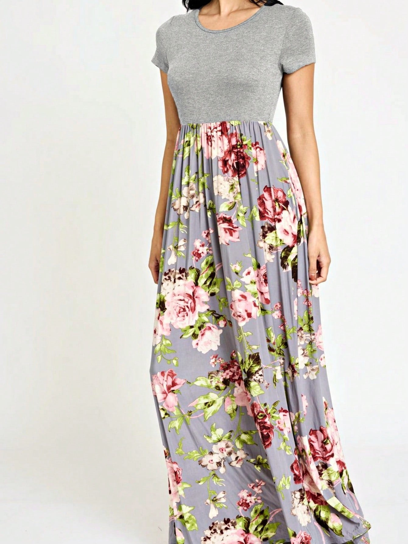 Boho Retro Multi Ditsy Floral Stripe Blue Charcoal Black Coral Short Sleeve Maxi Long Dress With Pocket | S-3X