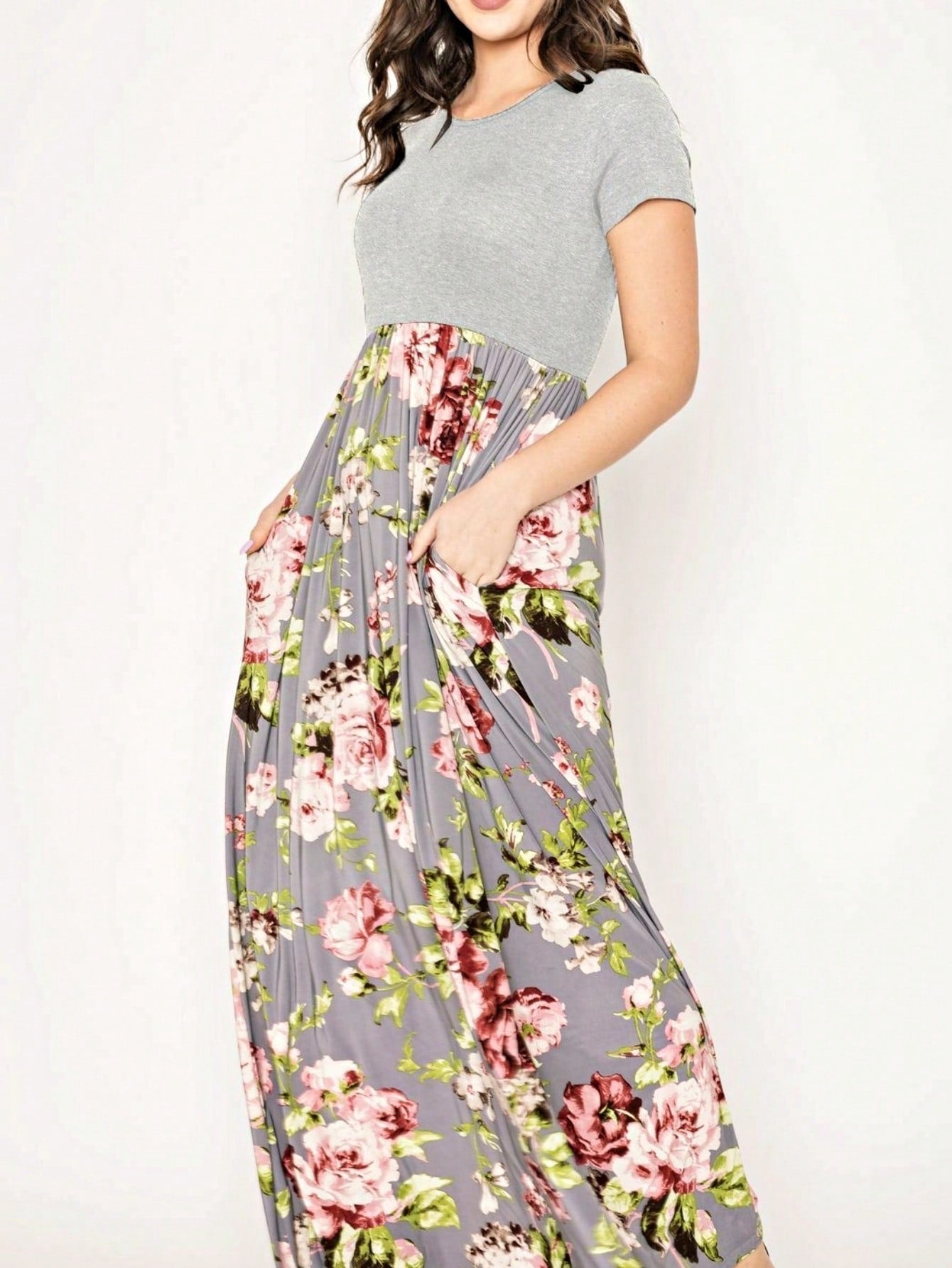 Boho Retro Multi Ditsy Floral Stripe Blue Charcoal Black Coral Short Sleeve Maxi Long Dress With Pocket | S-3X