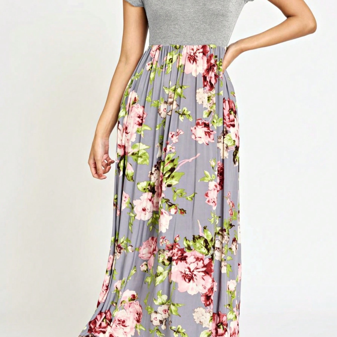 Boho Retro Multi Ditsy Floral Stripe Blue Charcoal Black Coral Short Sleeve Maxi Long Dress With Pocket | S-3X