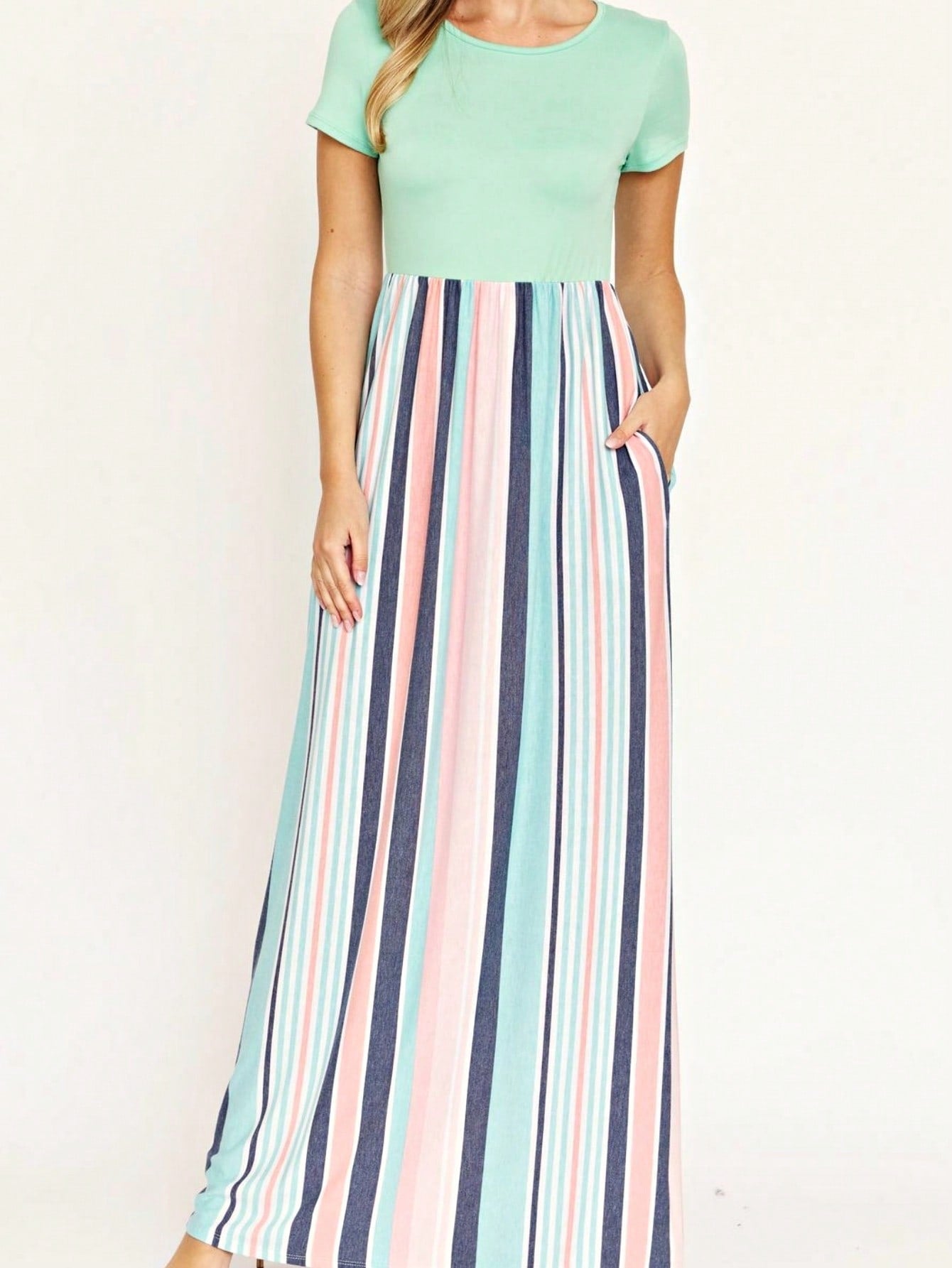 Boho Retro Multi Ditsy Floral Stripe Blue Charcoal Black Coral Short Sleeve Maxi Long Dress With Pocket | S-3X