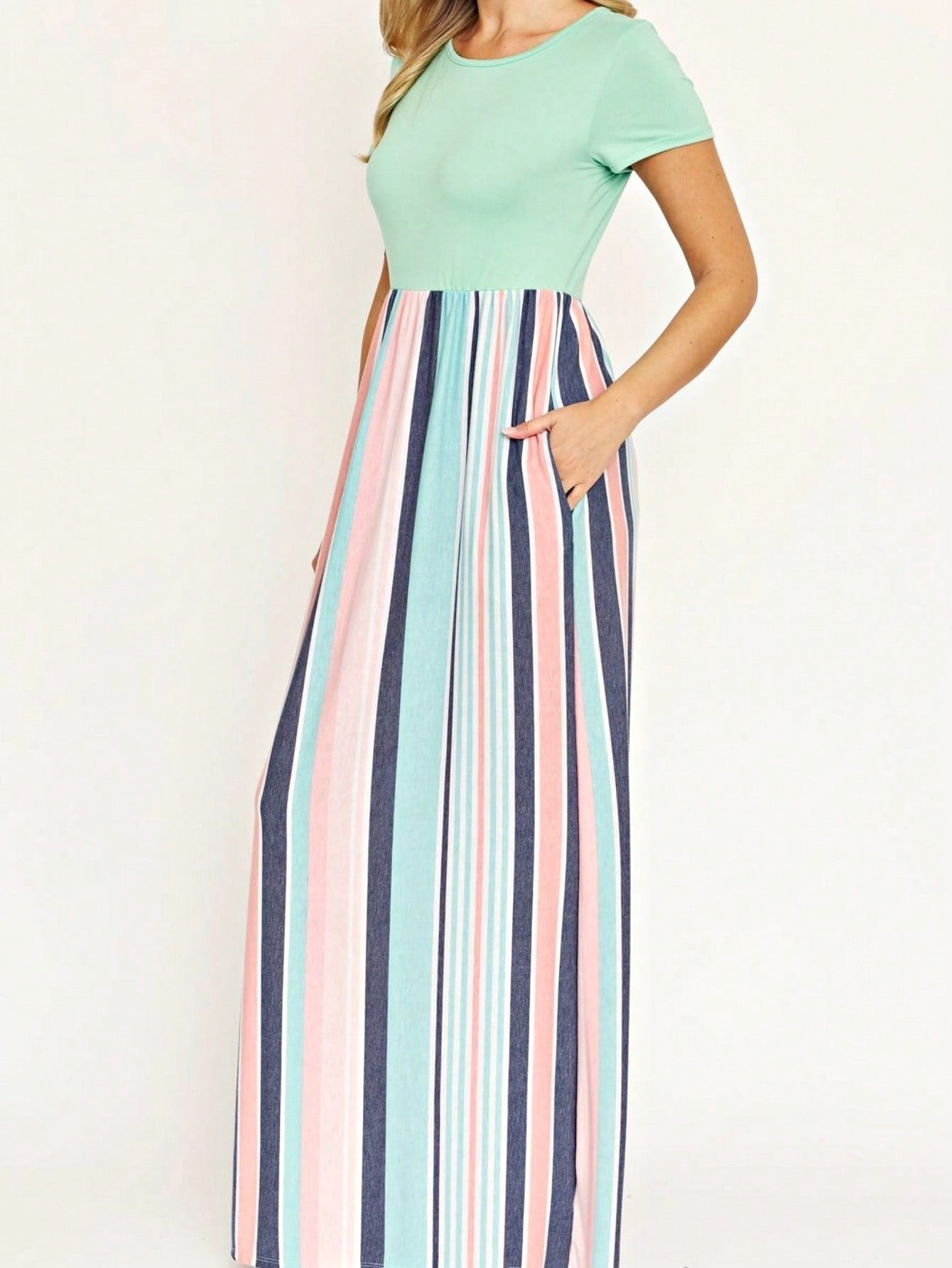 Boho Retro Multi Ditsy Floral Stripe Blue Charcoal Black Coral Short Sleeve Maxi Long Dress With Pocket | S-3X