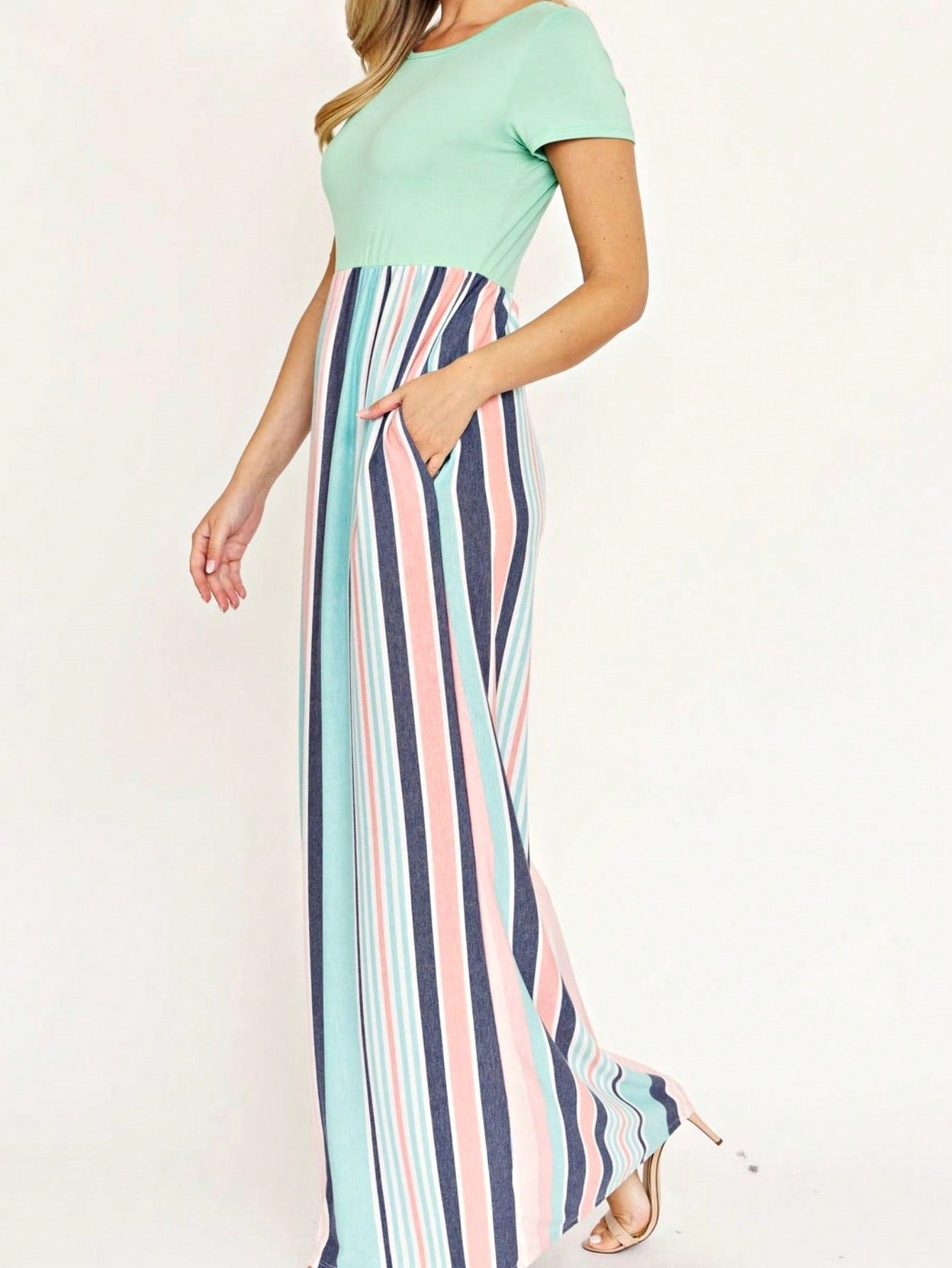Boho Retro Multi Ditsy Floral Stripe Blue Charcoal Black Coral Short Sleeve Maxi Long Dress With Pocket | S-3X